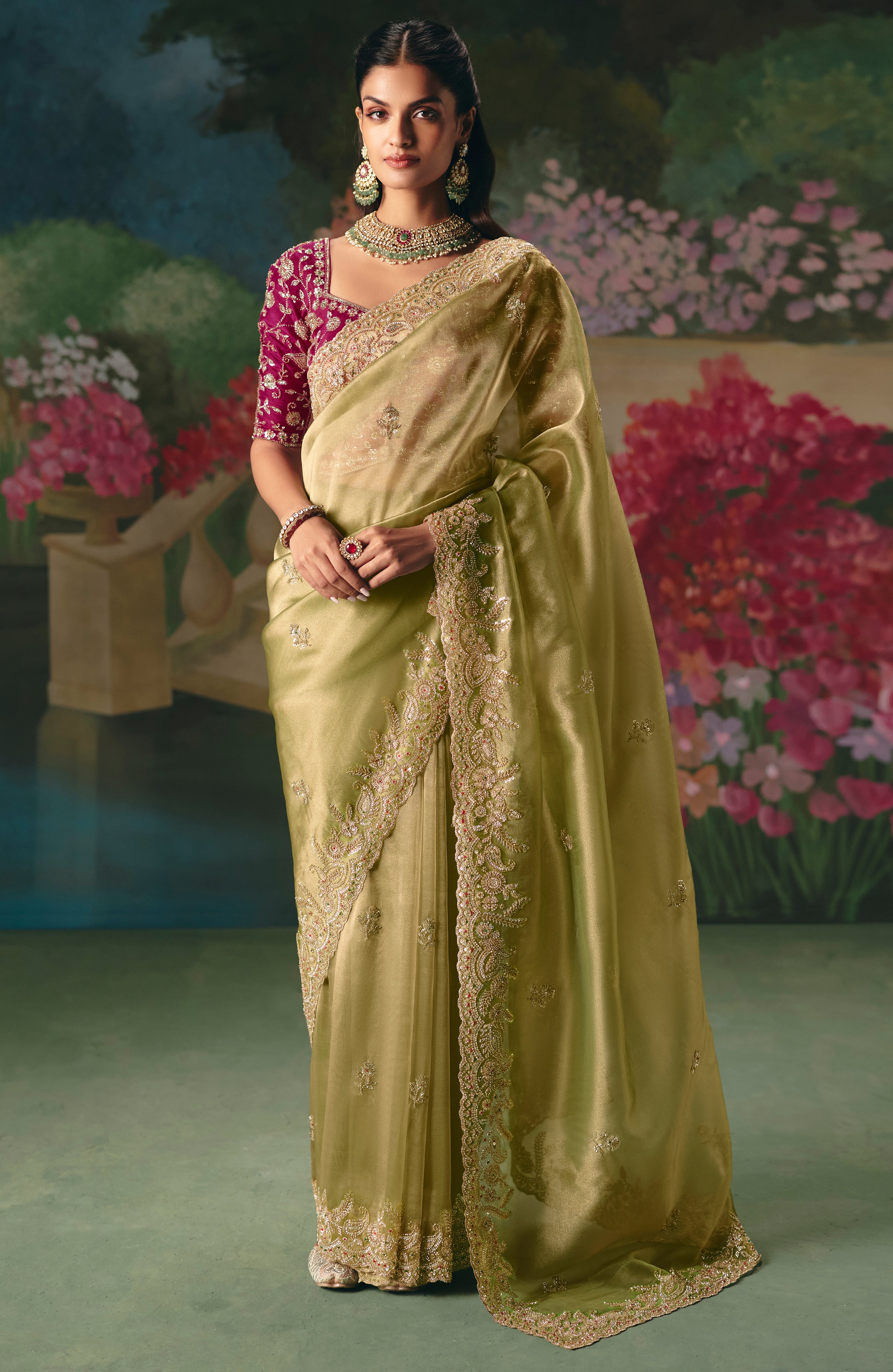 Pista Green Saree With  Heavy Designer Embroidery, Sequince, Stone, With Beads Work