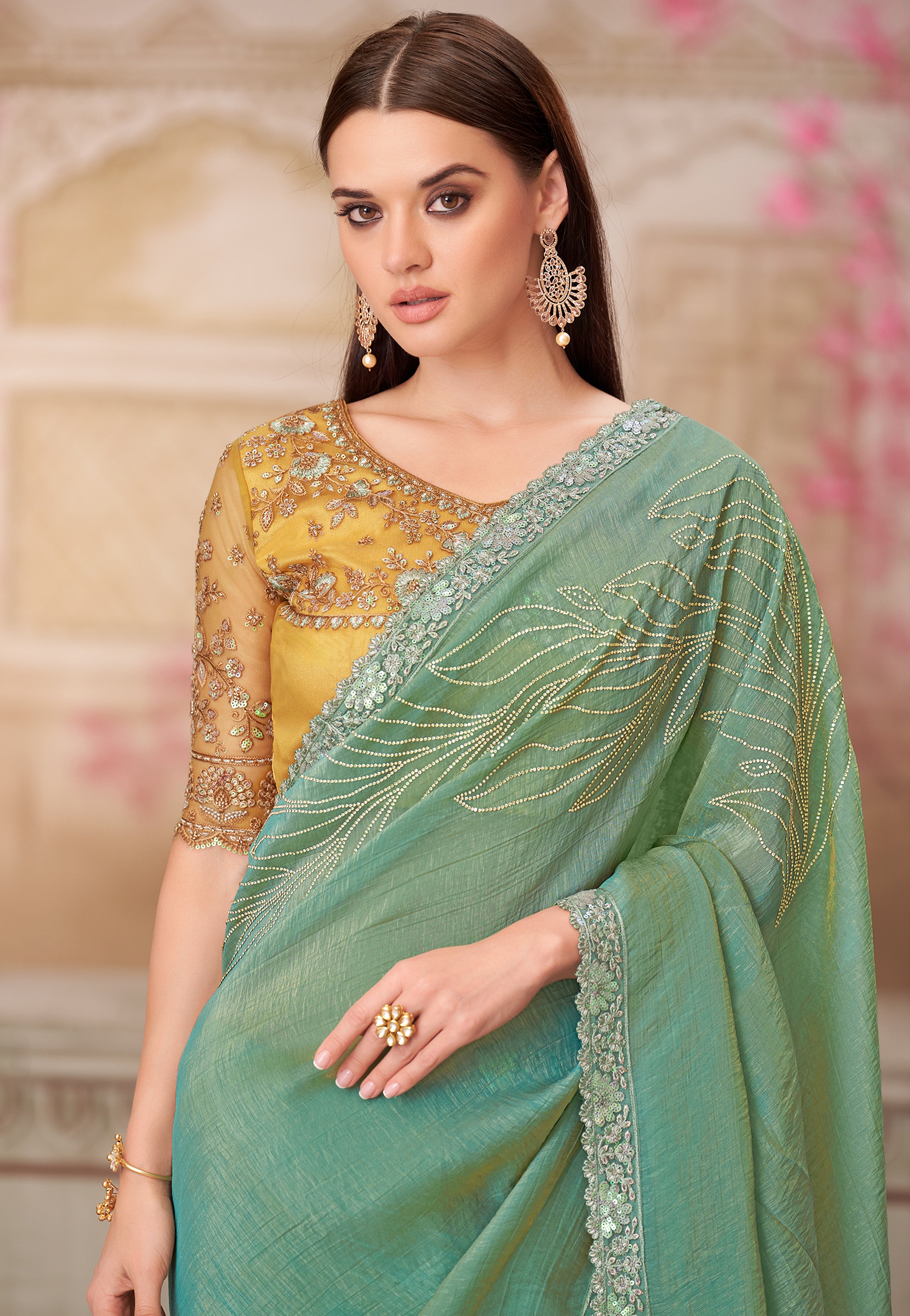 Pista Green Saree With  Heavy Thread Embroidery, Stone Sequins Border Work With Embroidery Blouse