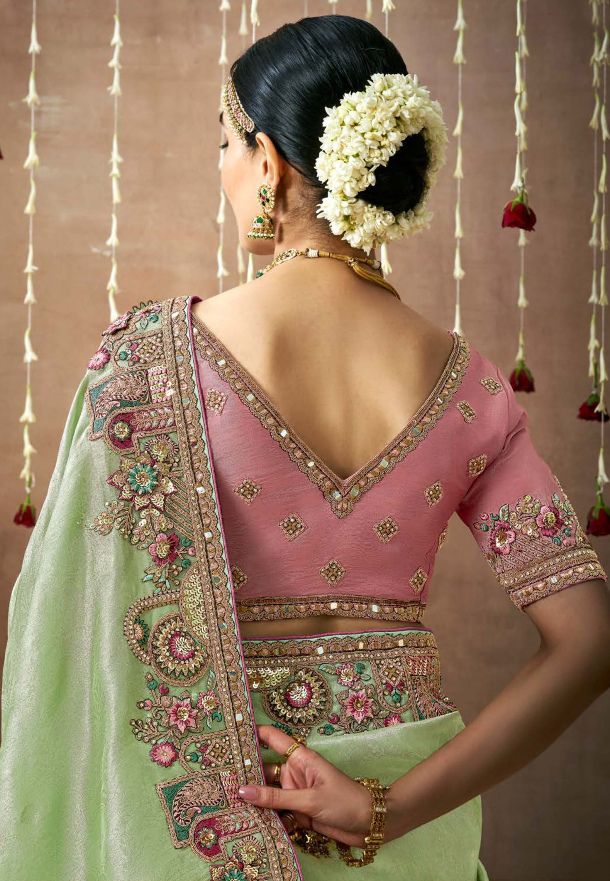 Pista Green Saree With Jacquard Woven With Heavy Thread Embroidery Sequins Work