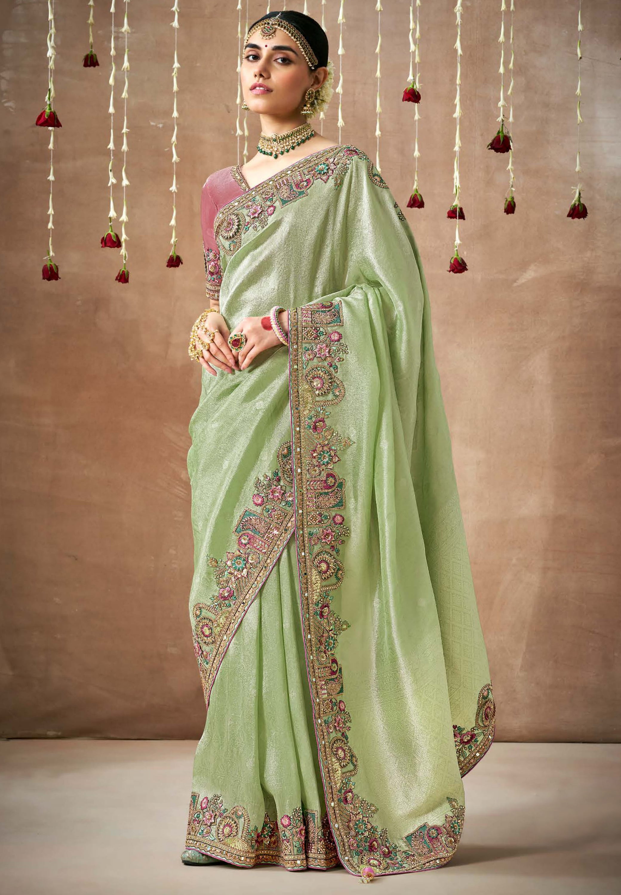 Pista Green Saree With Jacquard Woven With Heavy Thread Embroidery Sequins Work
