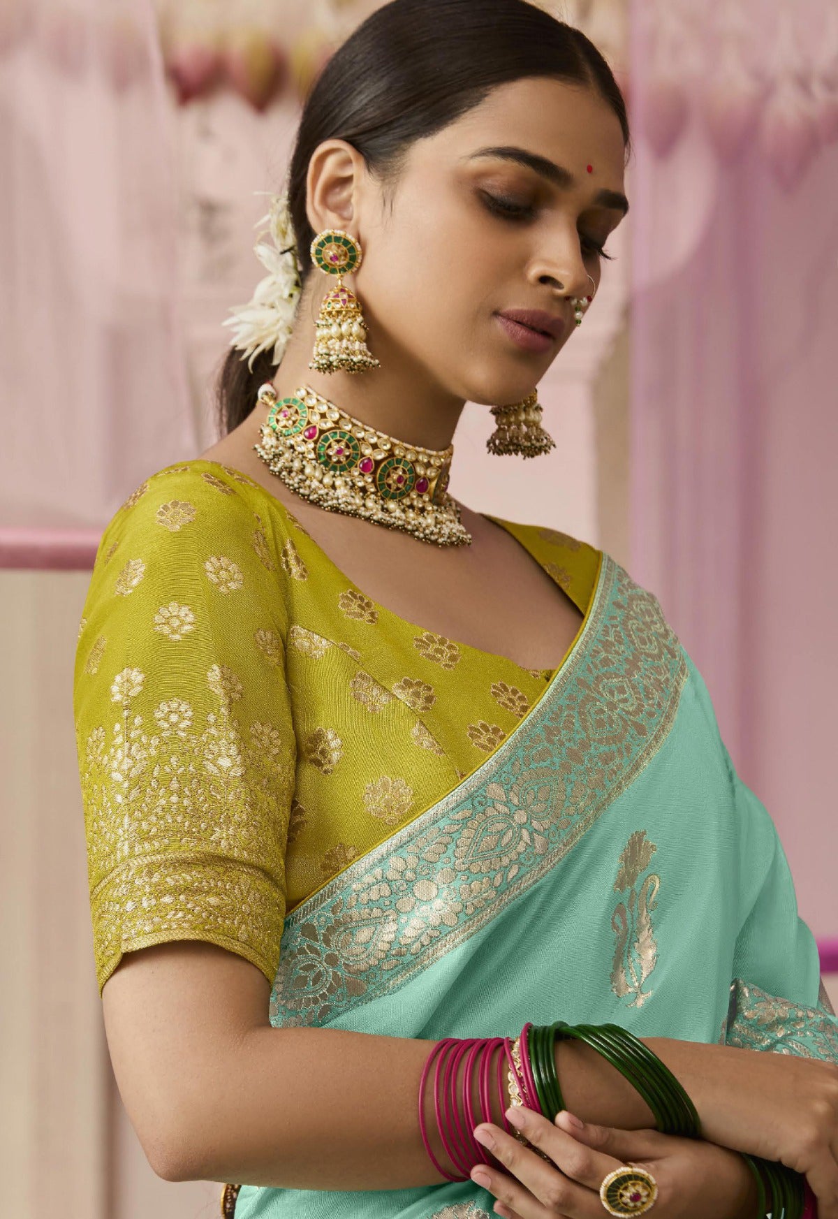 Pista Green Saree With Jacquard Woven Work