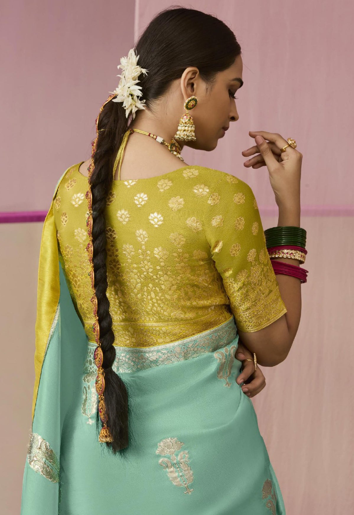 Pista Green Saree With Jacquard Woven Work