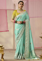 Pista Green Saree With Jacquard Woven Work