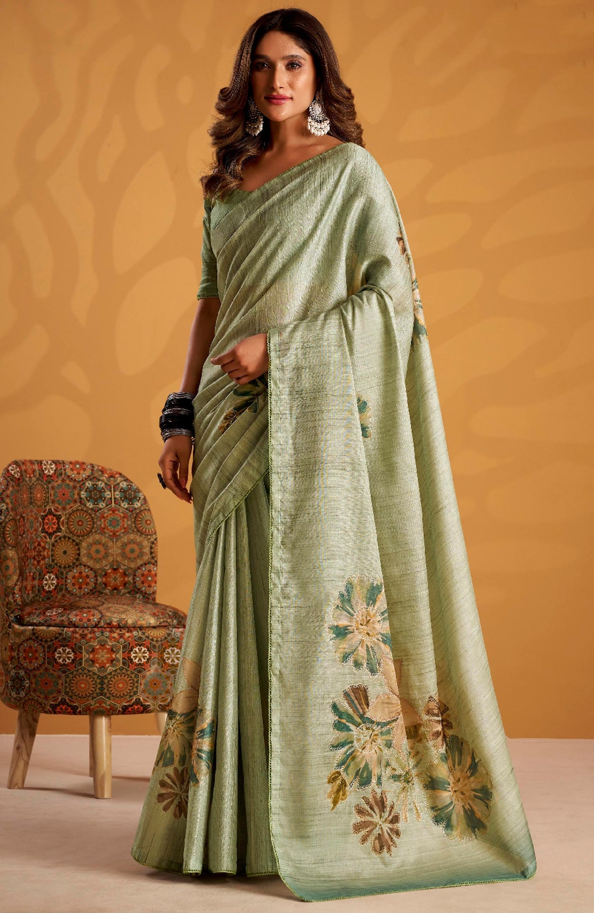 Pista Green Saree With  Printed With Kasheeda work