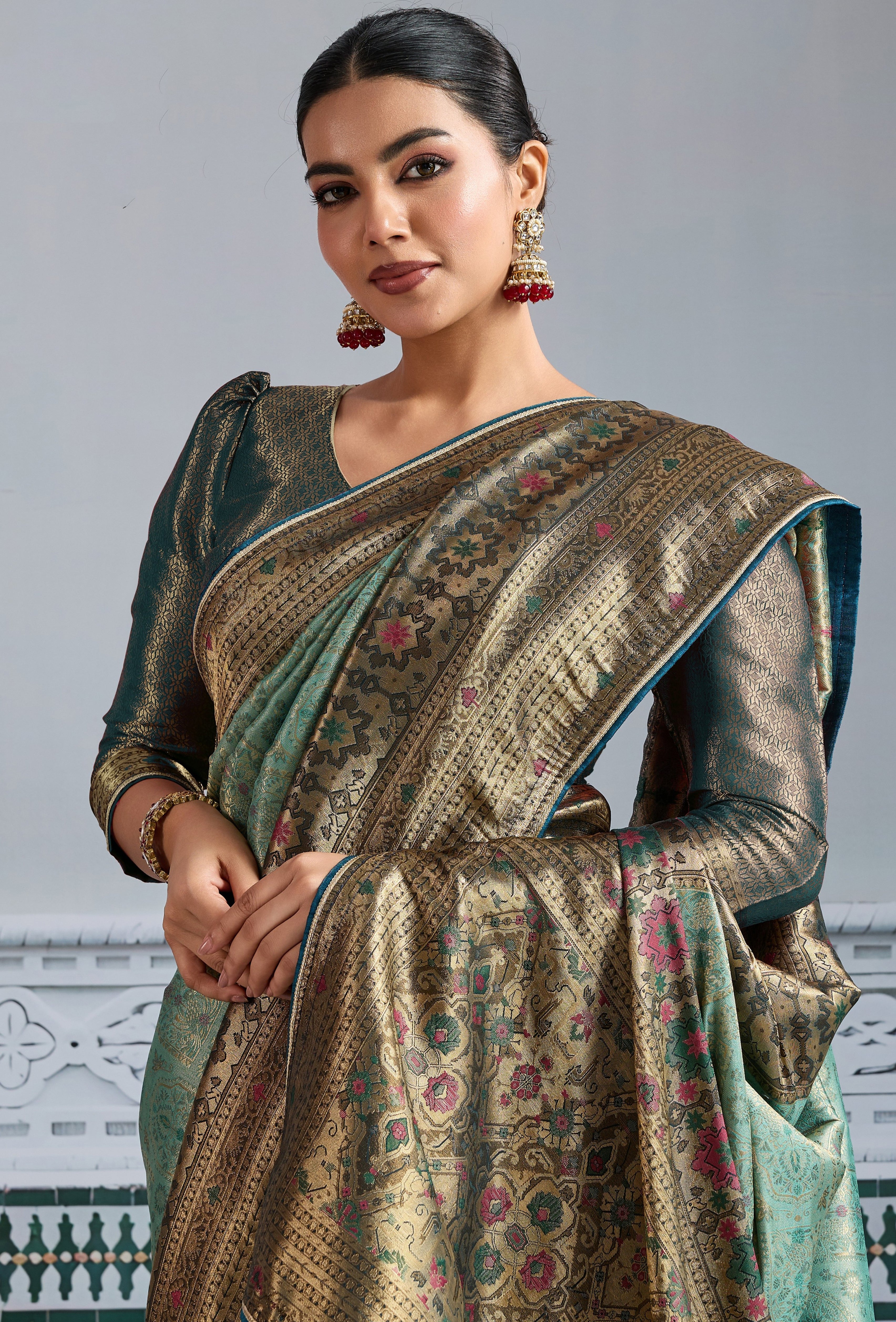 Pista Green Saree With  Zari Meenakari Woven all over the saree With Broad & Intricate Patta, Exquisite Grand Pallu