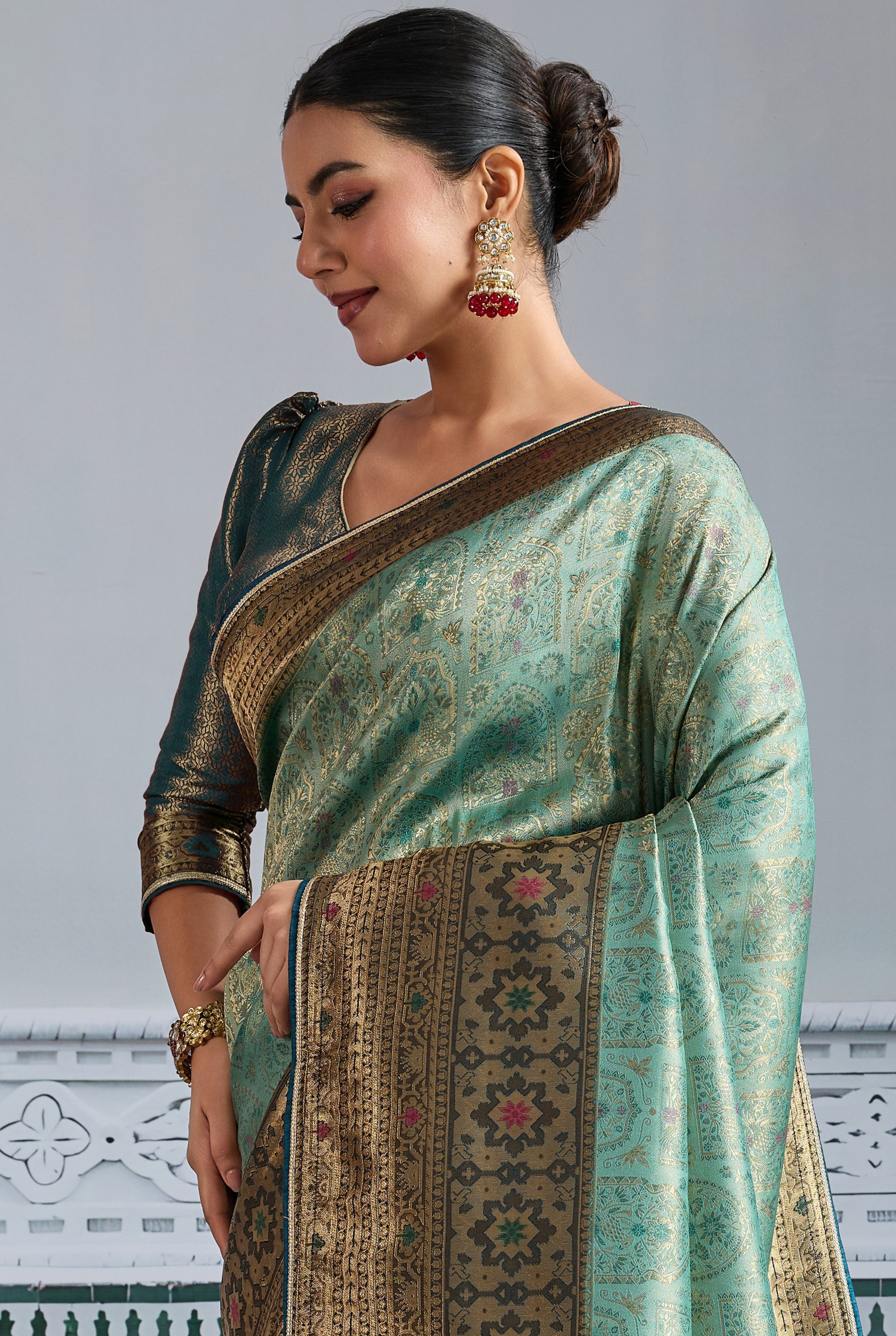 Pista Green Saree With  Zari Meenakari Woven all over the saree With Broad & Intricate Patta, Exquisite Grand Pallu