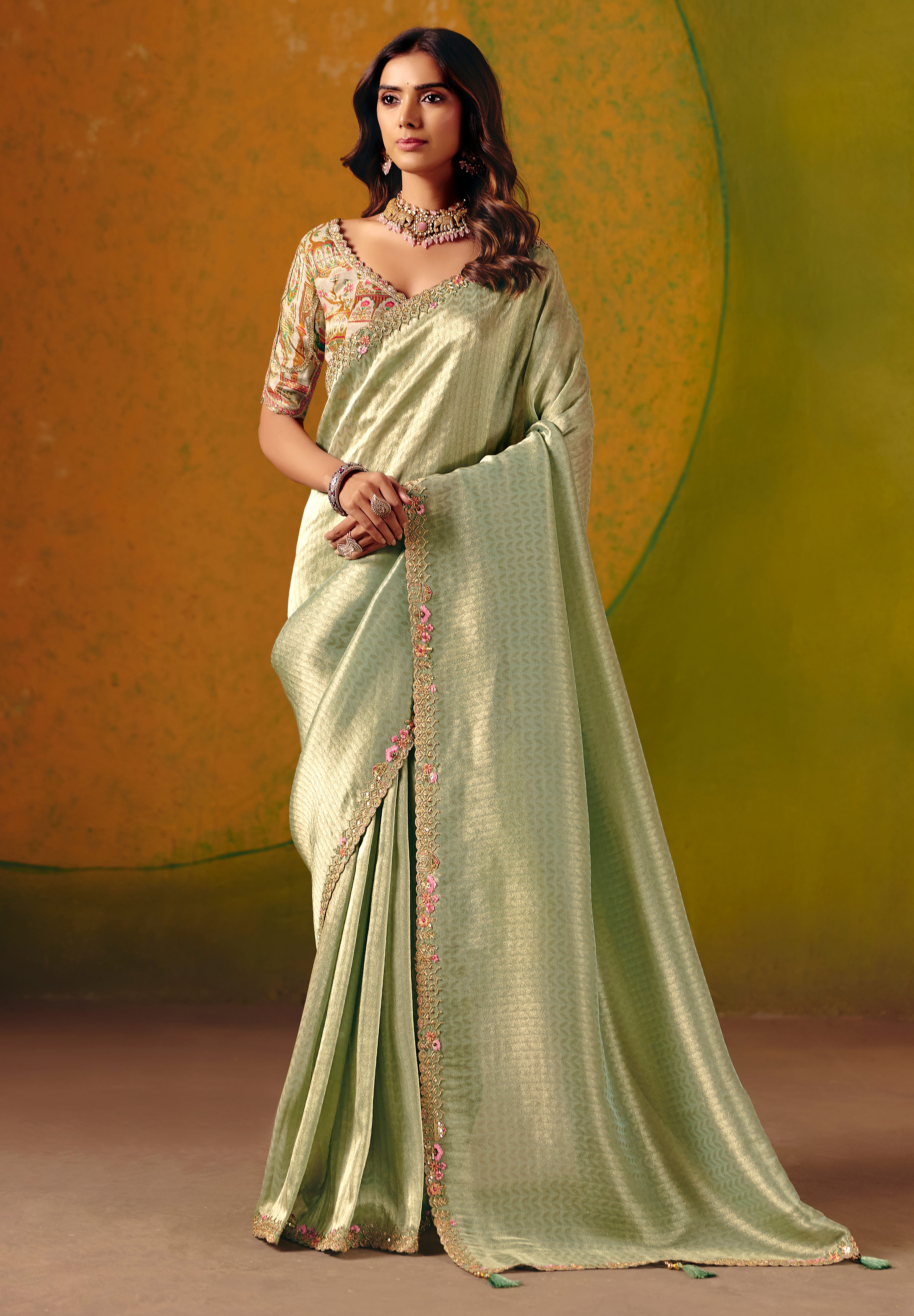 Pista Green Saree With  Zari Weaving With Fancy Work Border