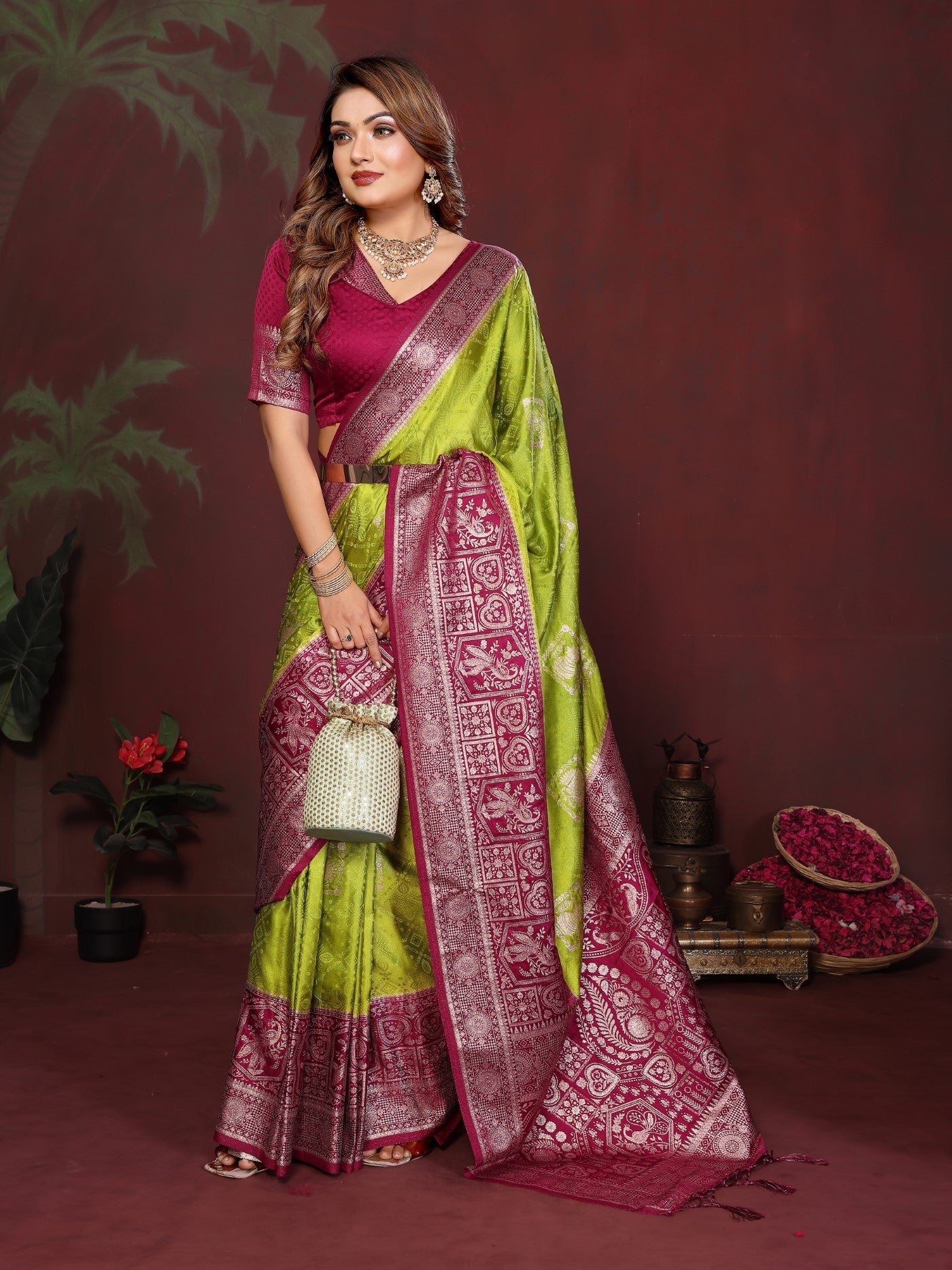 Pista Green Satin Silk Saree With Elegant Zari Butta Designs