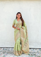 Pista Green Silk Blend Saree With Meenakari Kashmiri woven Work