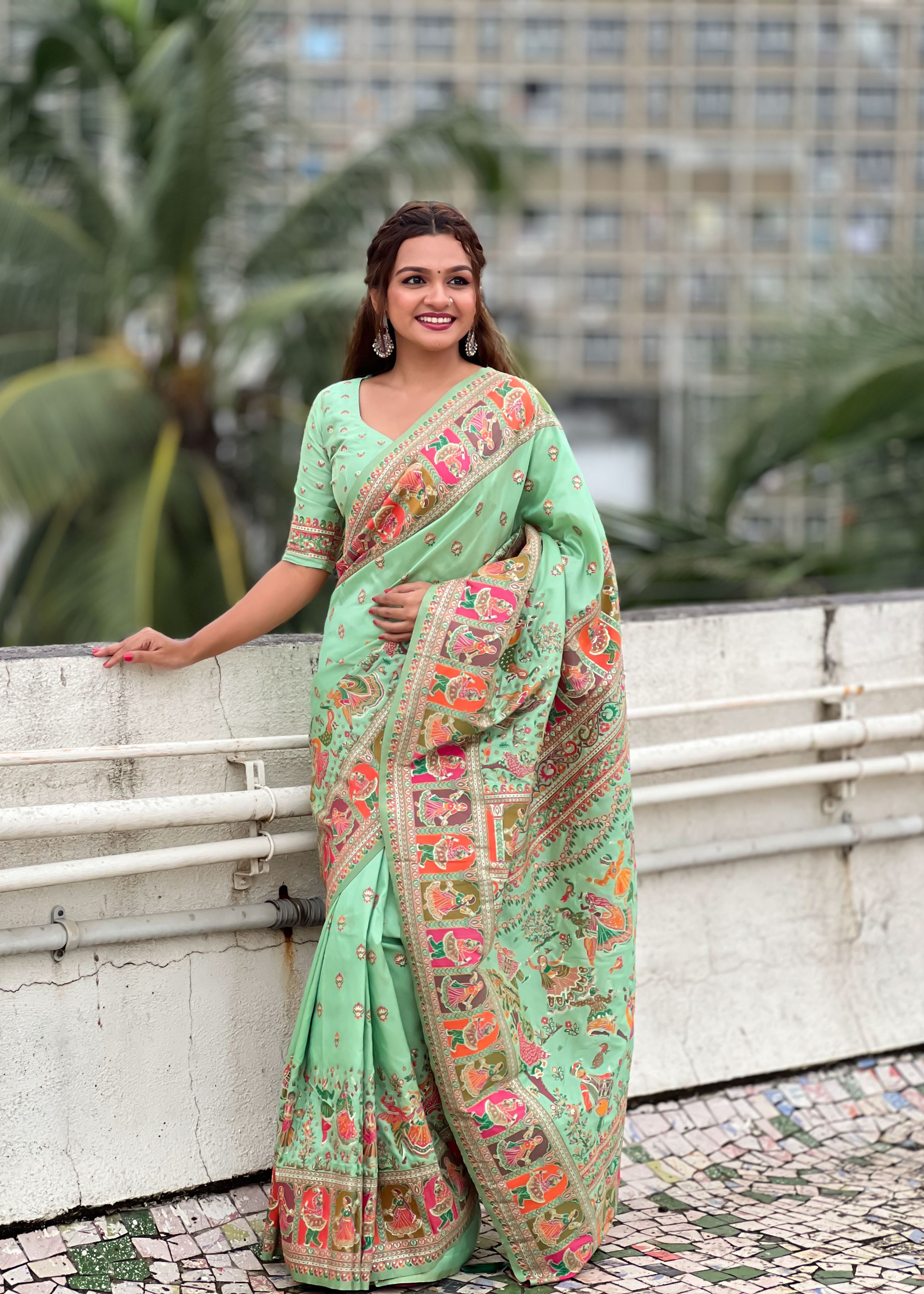 Pista Green Silk Blend Saree With Meenakari Kashmiri woven Work
