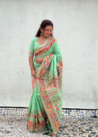 Pista Green Silk Blend Saree With Meenakari Kashmiri woven Work