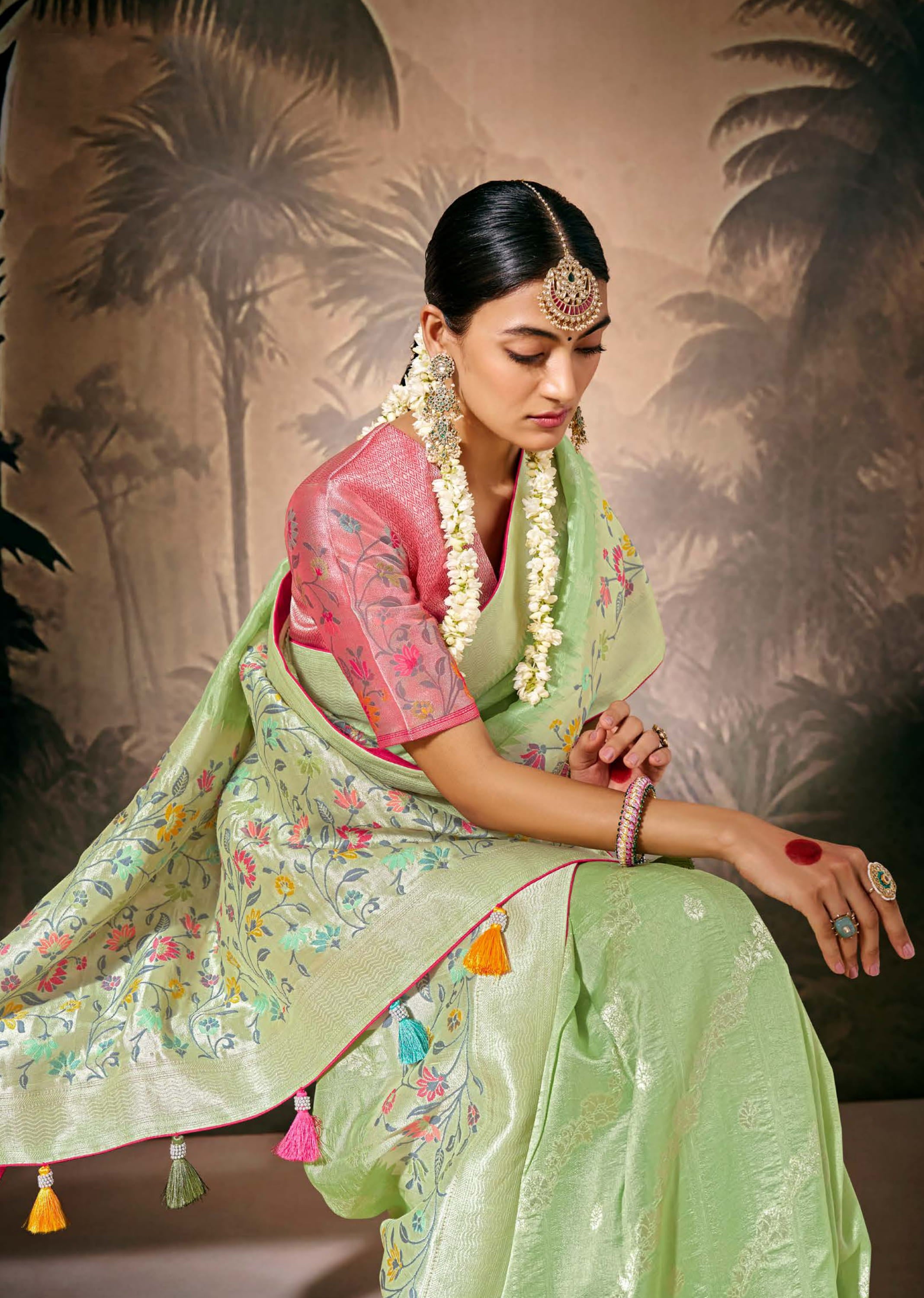 Pista Green Silk Saree With  Jacquard Woven