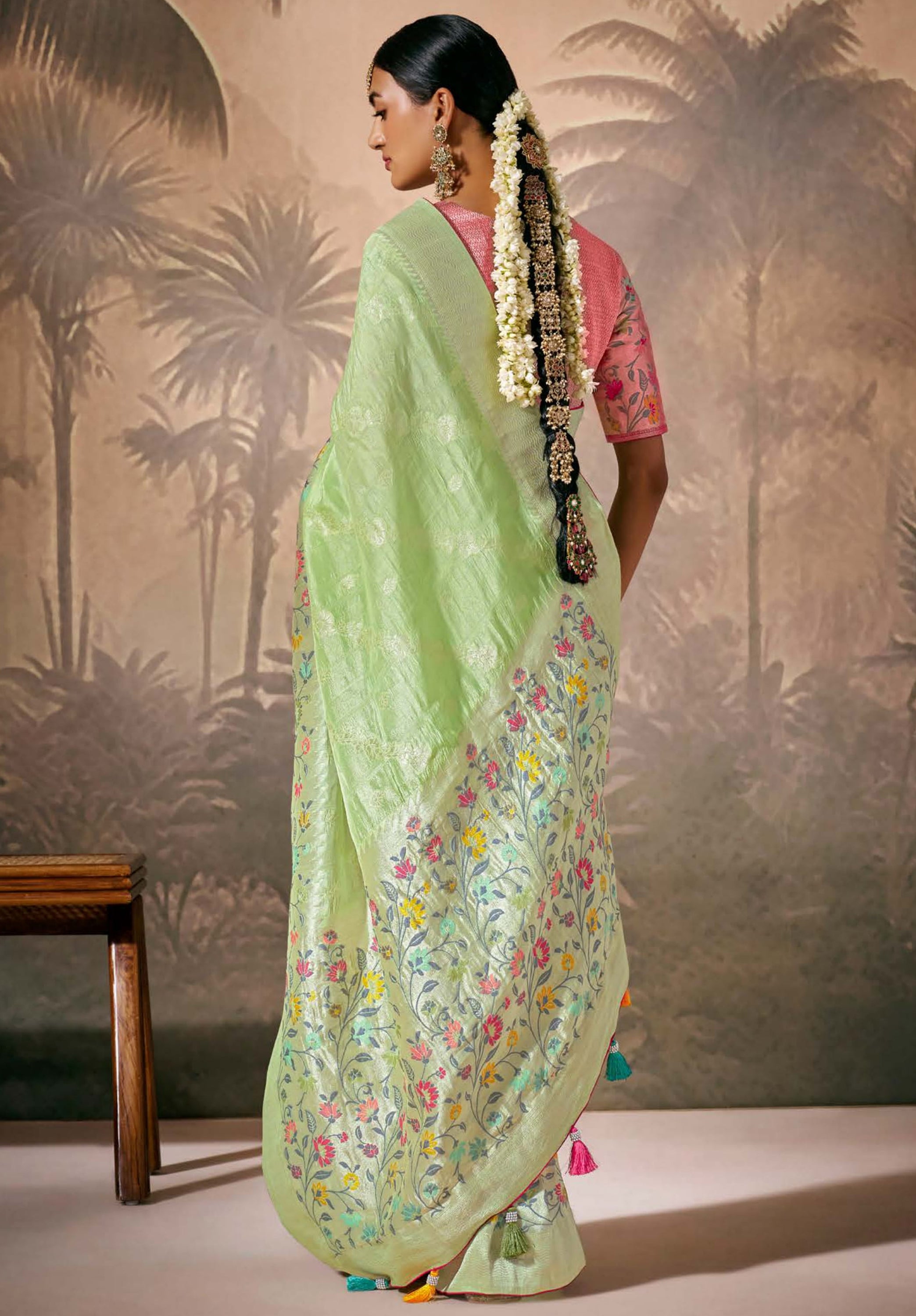 Pista Green Silk Saree With  Jacquard Woven