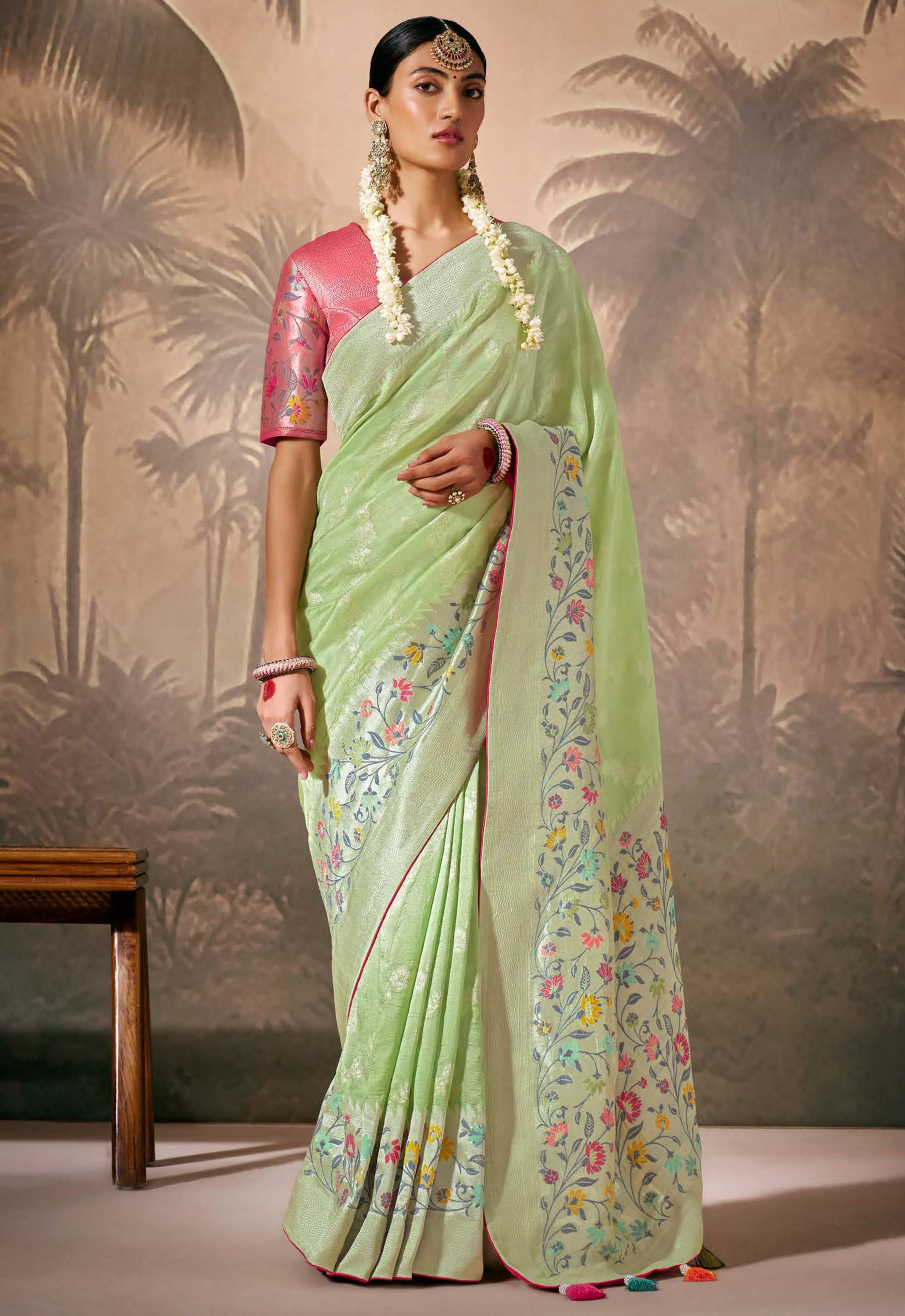 Pista Green Silk Saree With  Jacquard Woven
