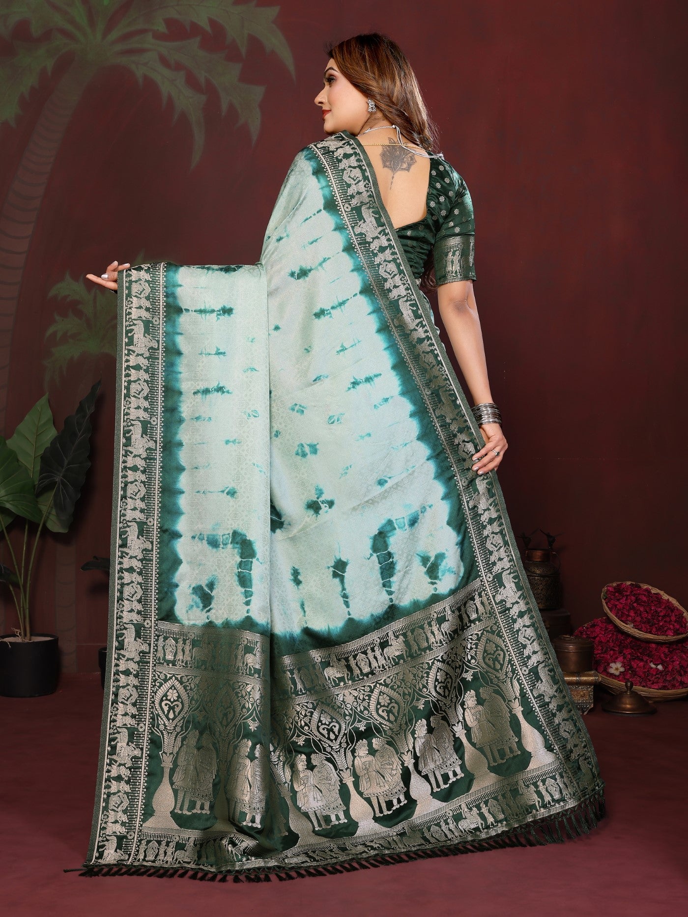 Pista Green Soft Satin Silk Saree With Classic Sibory Zari Weaving