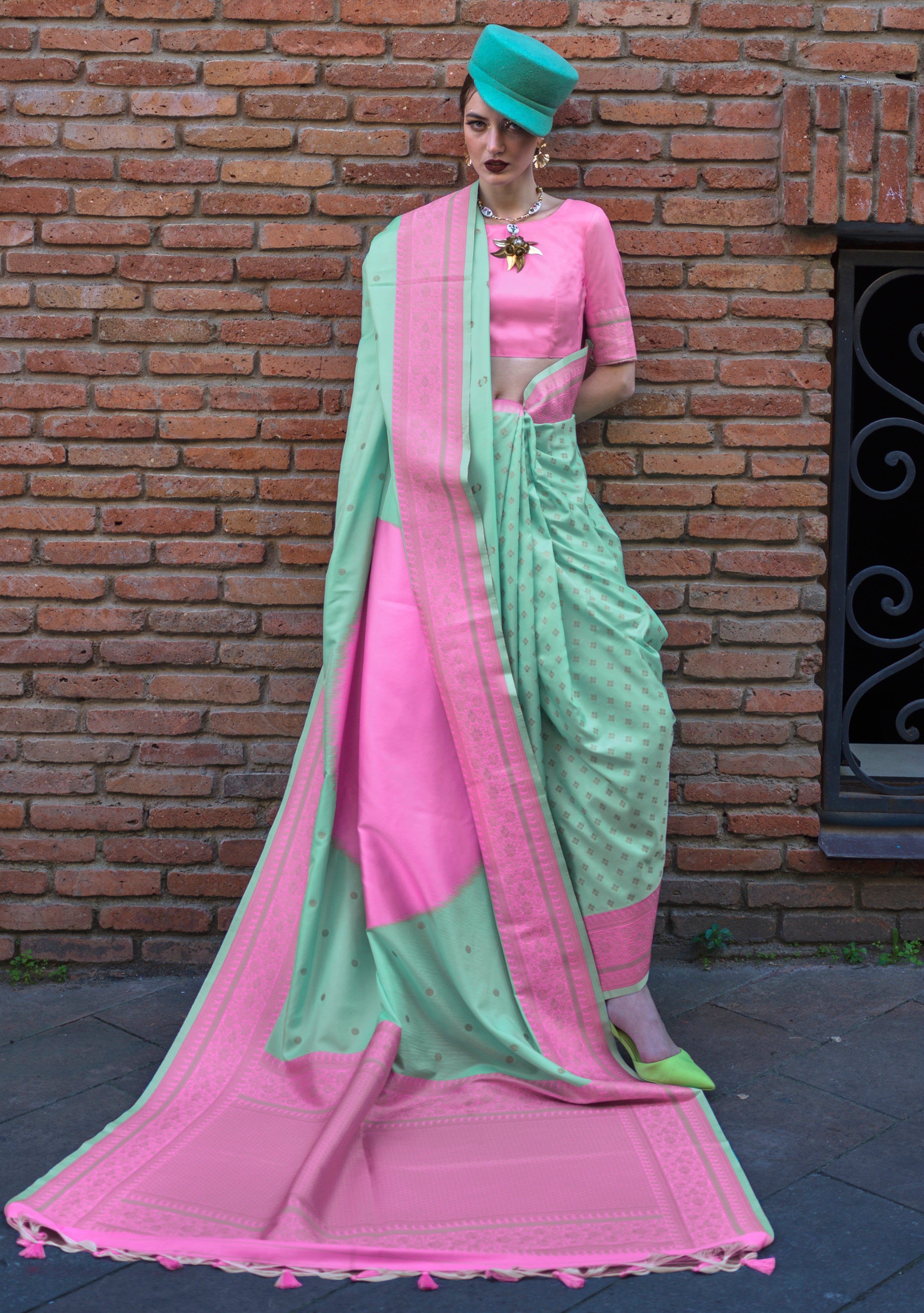 Pista Green Soft Silk Saree with Jacquard Woven Work