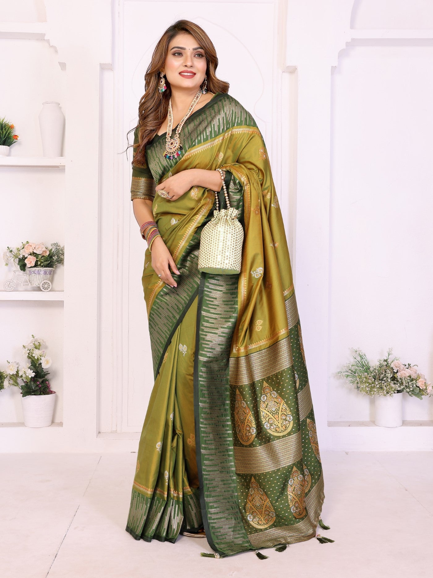 Pista Green South Soft Silk Saree With Traditional Zari Weaving