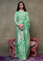 Pista Green Span Cotton Saree With  Jacquard Woven Work