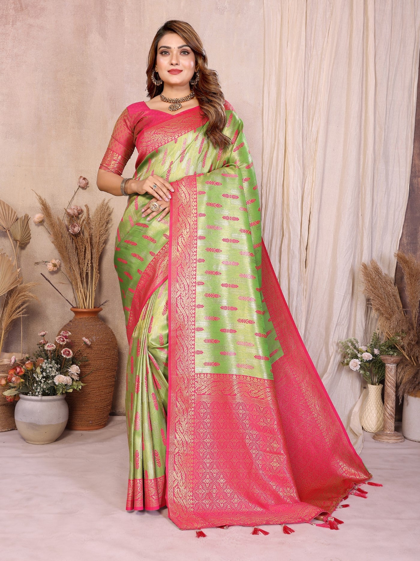 Pista Green Tissue Silk Saree With Paithani Woven
