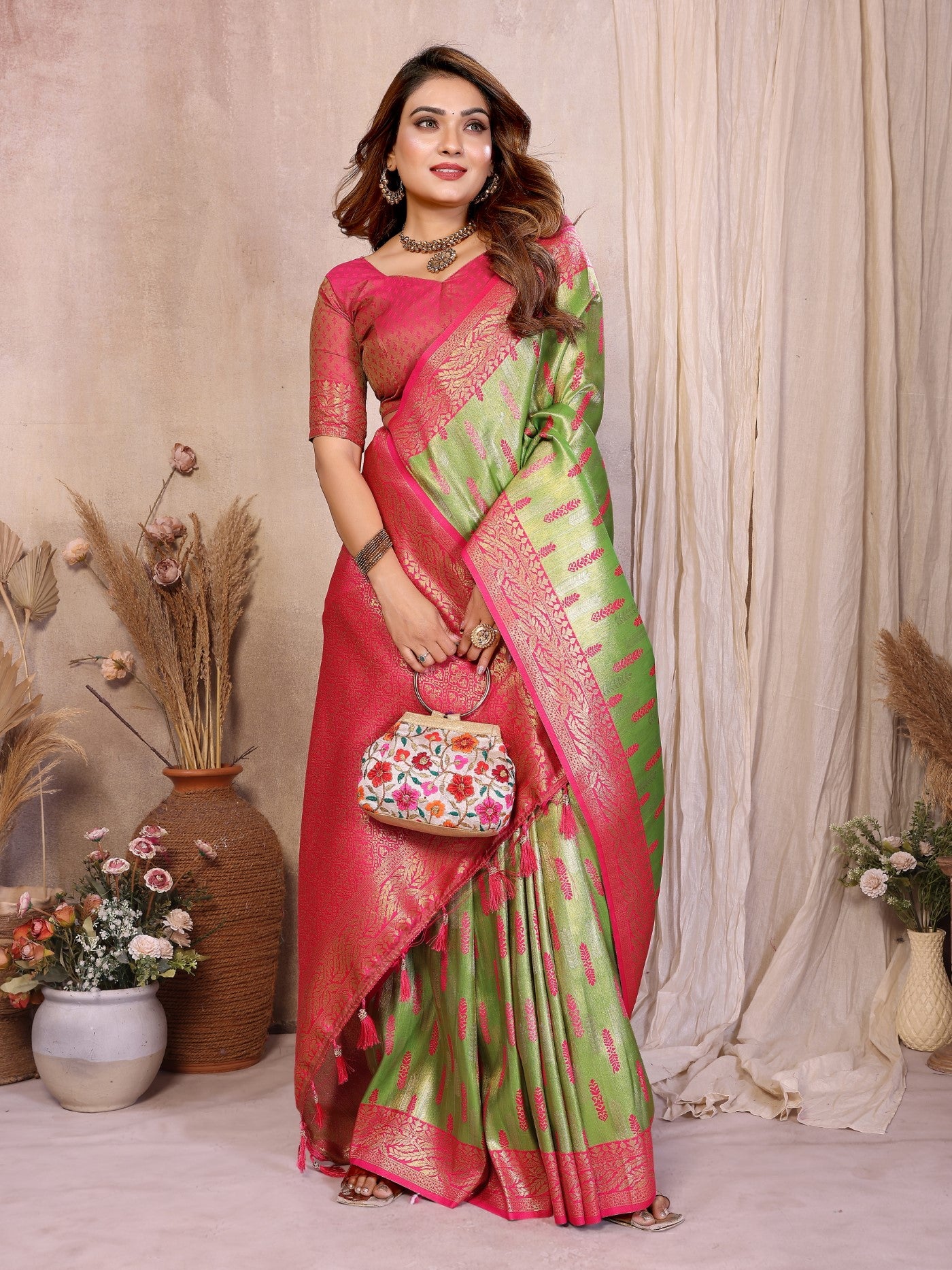 Pista Green Tissue Silk Saree With Paithani Woven