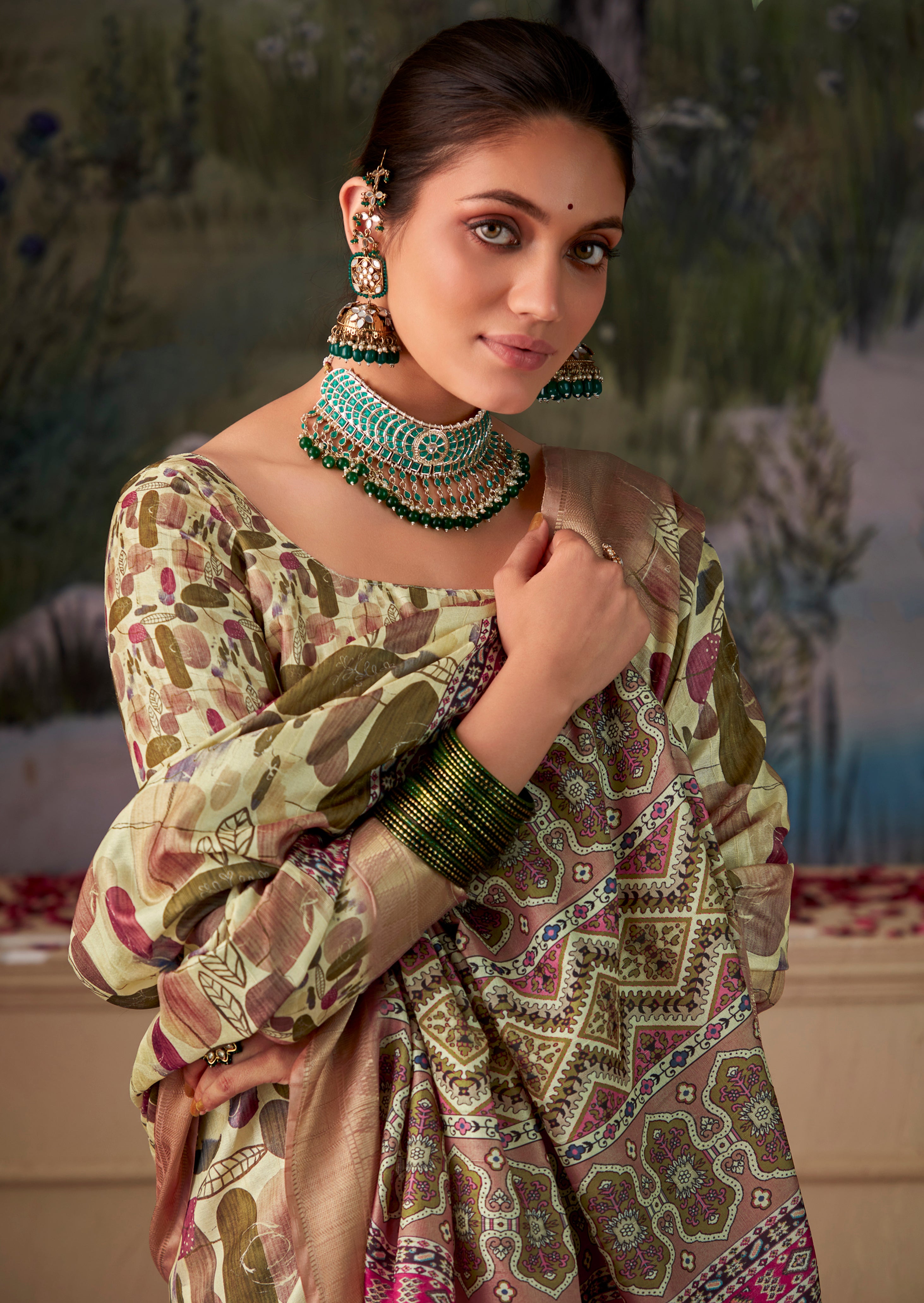 PistaGreen Tusser Silk Saree With  Jacquard Woven with Digital Print