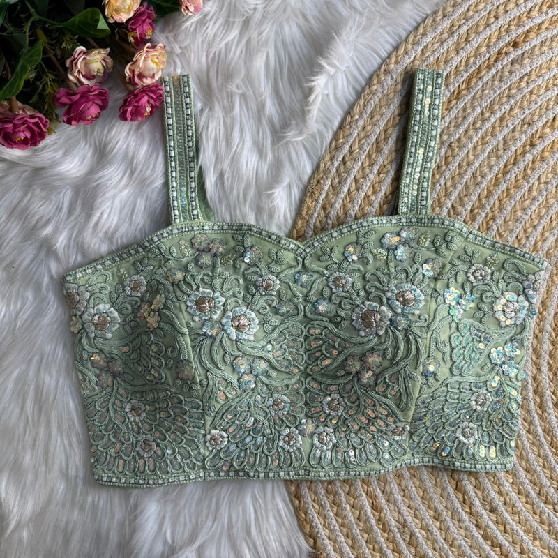 Pista Green Womens Spaghetti Western Designer Blouse  Fox Georgette Embroidered & Sequins Partywear