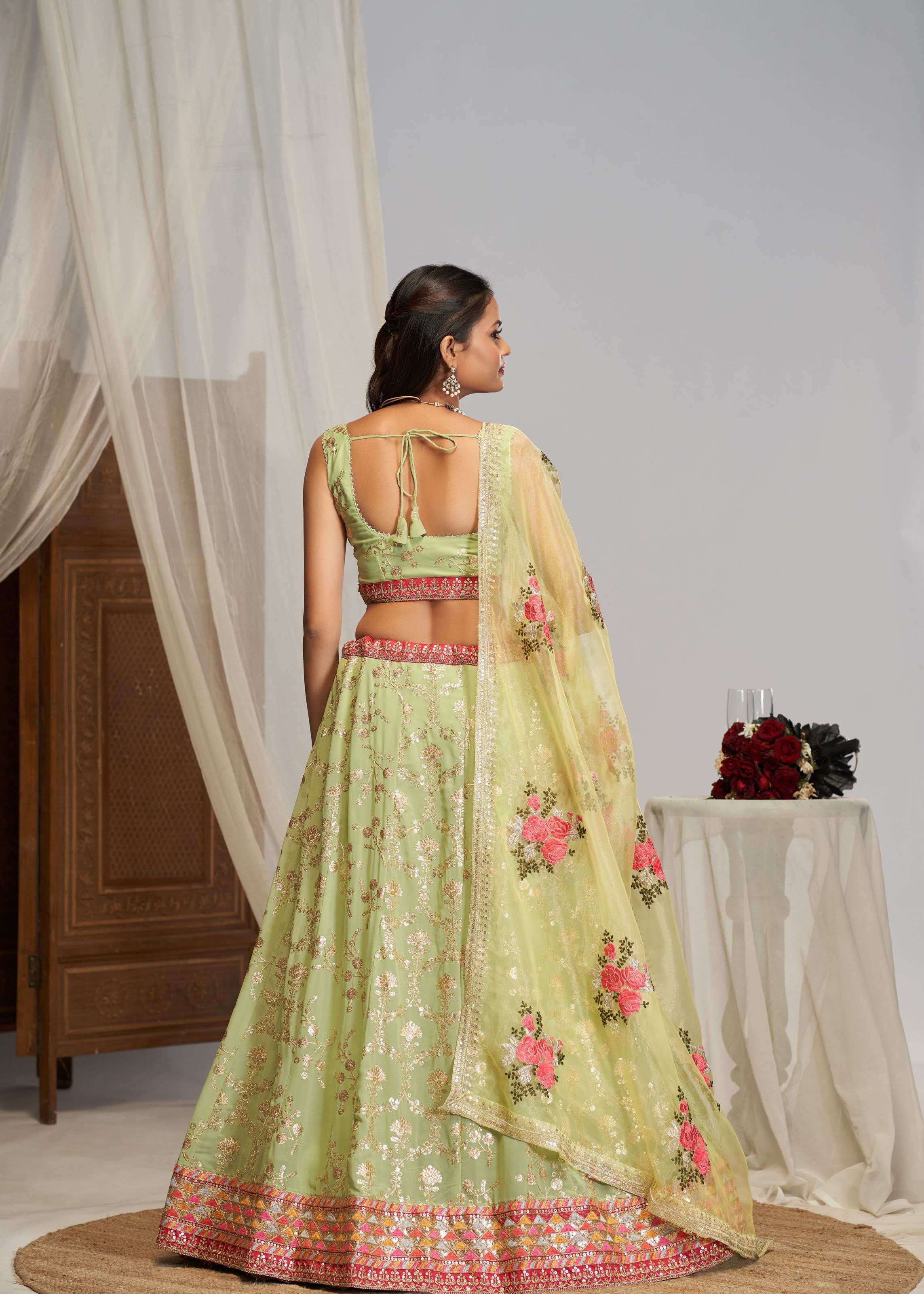 Pista Green Zari Thread Sequence Embroidery Work Lehenga Choli
