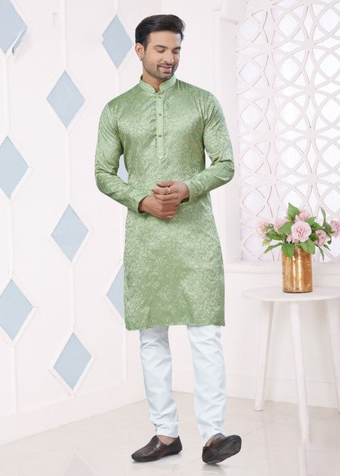 Pista Jacquard Silk Pintex Jacquard Ethnic Festive Kurta Pajama