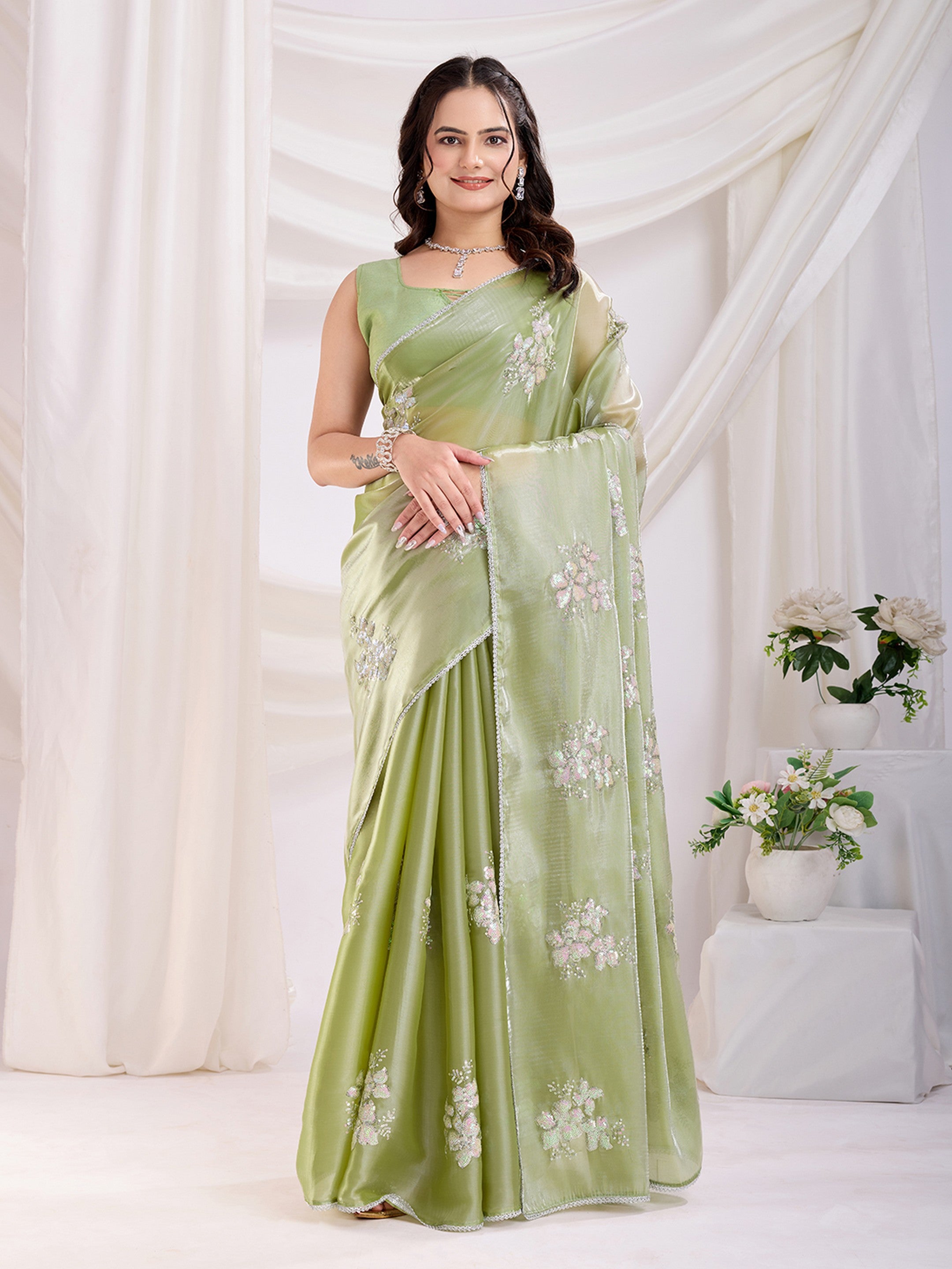 Pista Jimmi Choo Sequins Embroidery Work Ethnic Party Saree