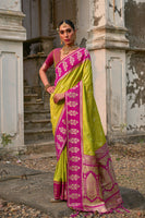 Pista Kanchi Silk Saree with Leaf Design and Contrast Pallu