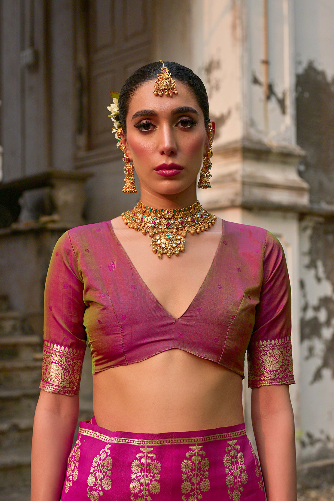Pista Kanchi Silk Saree with Leaf Design and Contrast Pallu