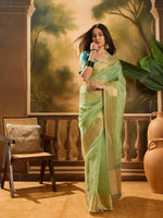 Pista Khadi Organza Woven Jacquard Designer Ethnic Partywear Saree
