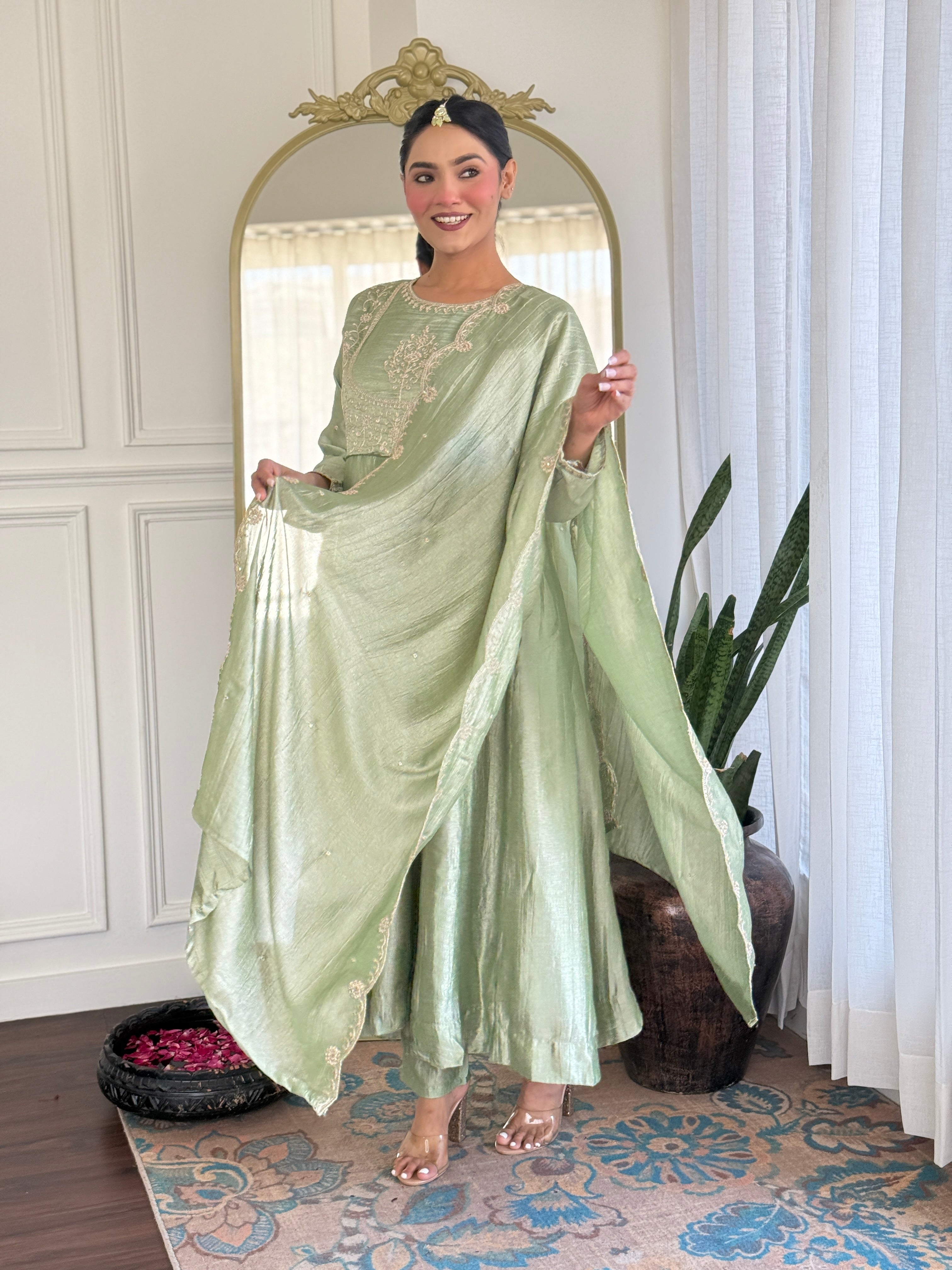 Pista Kurta Pant Set With Heavy Thread Embroidery Sequins Work