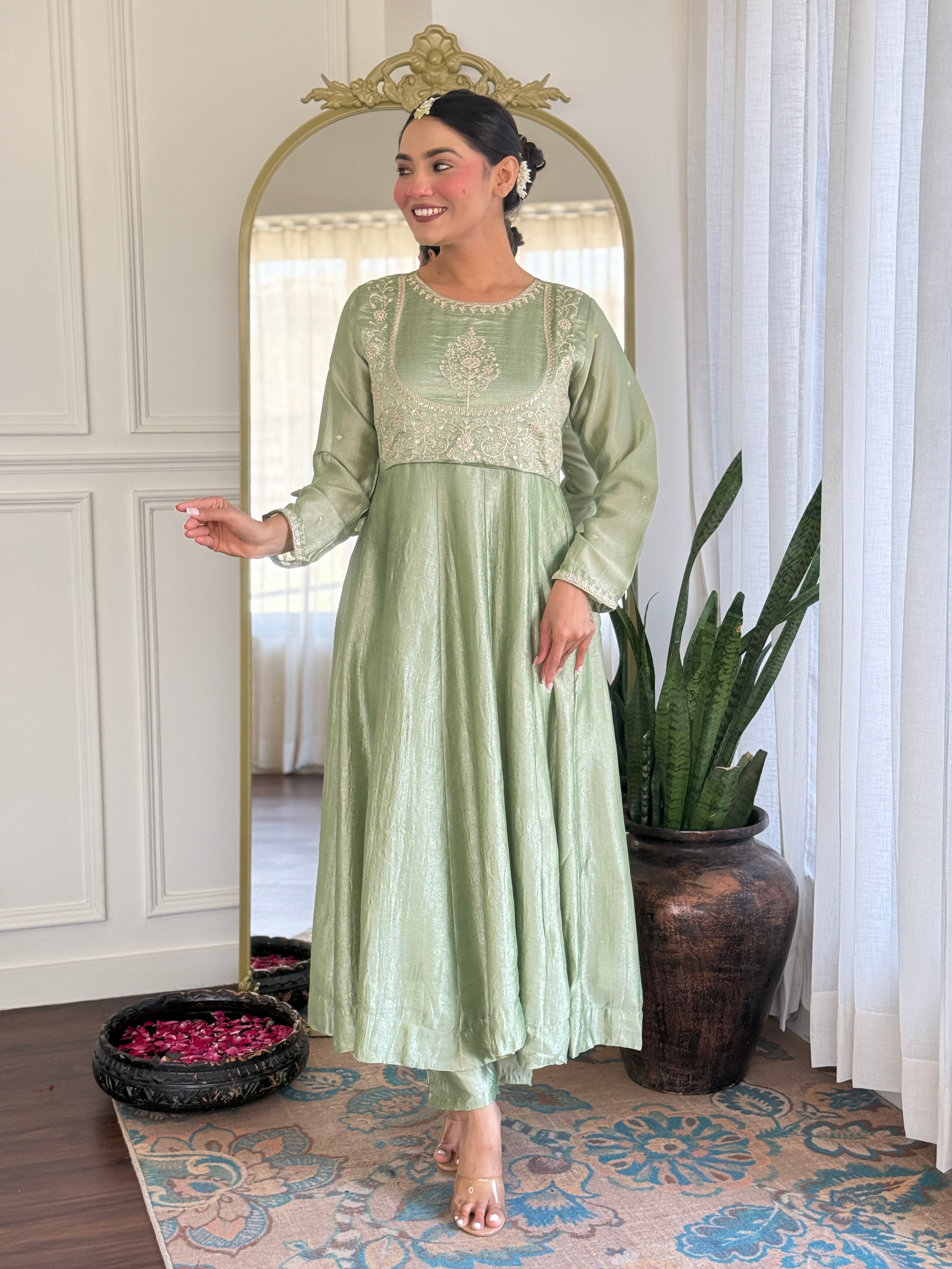 Pista Kurta Pant Set With Heavy Thread Embroidery Sequins Work
