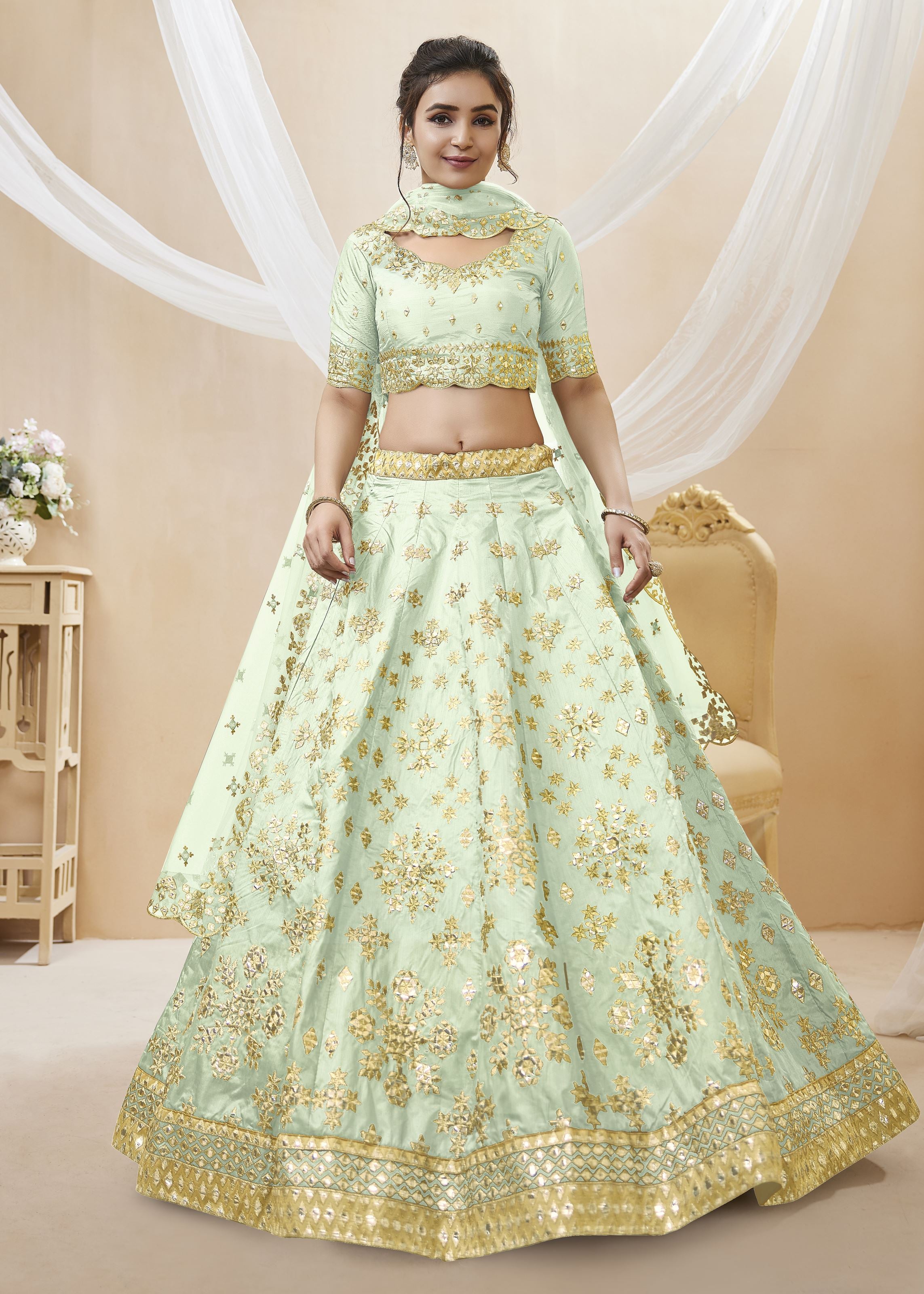 Pista Lehenga Choli With Sequins, Foil & Zari Embroidered Work