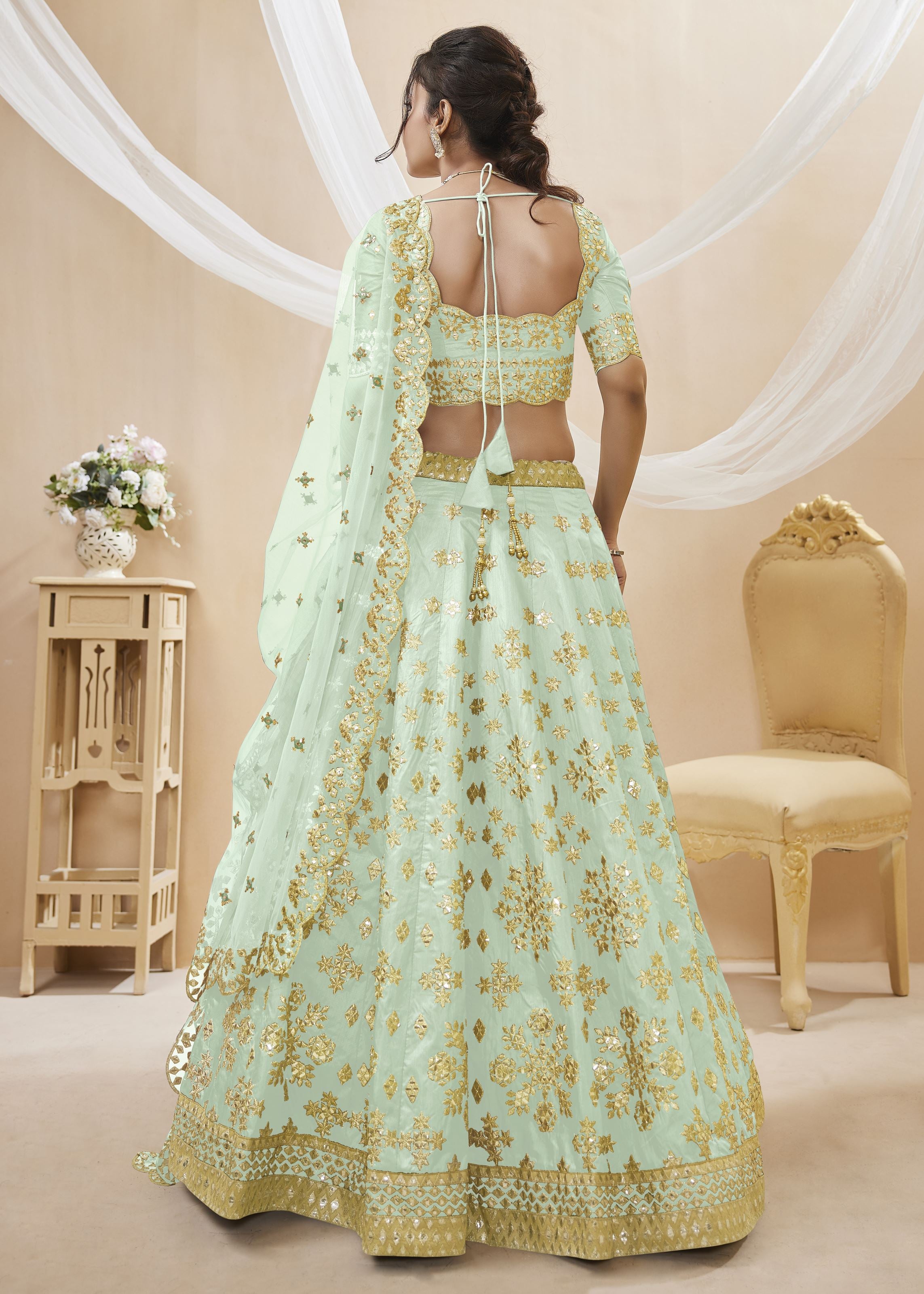 Pista Lehenga Choli With Sequins, Foil & Zari Embroidered Work