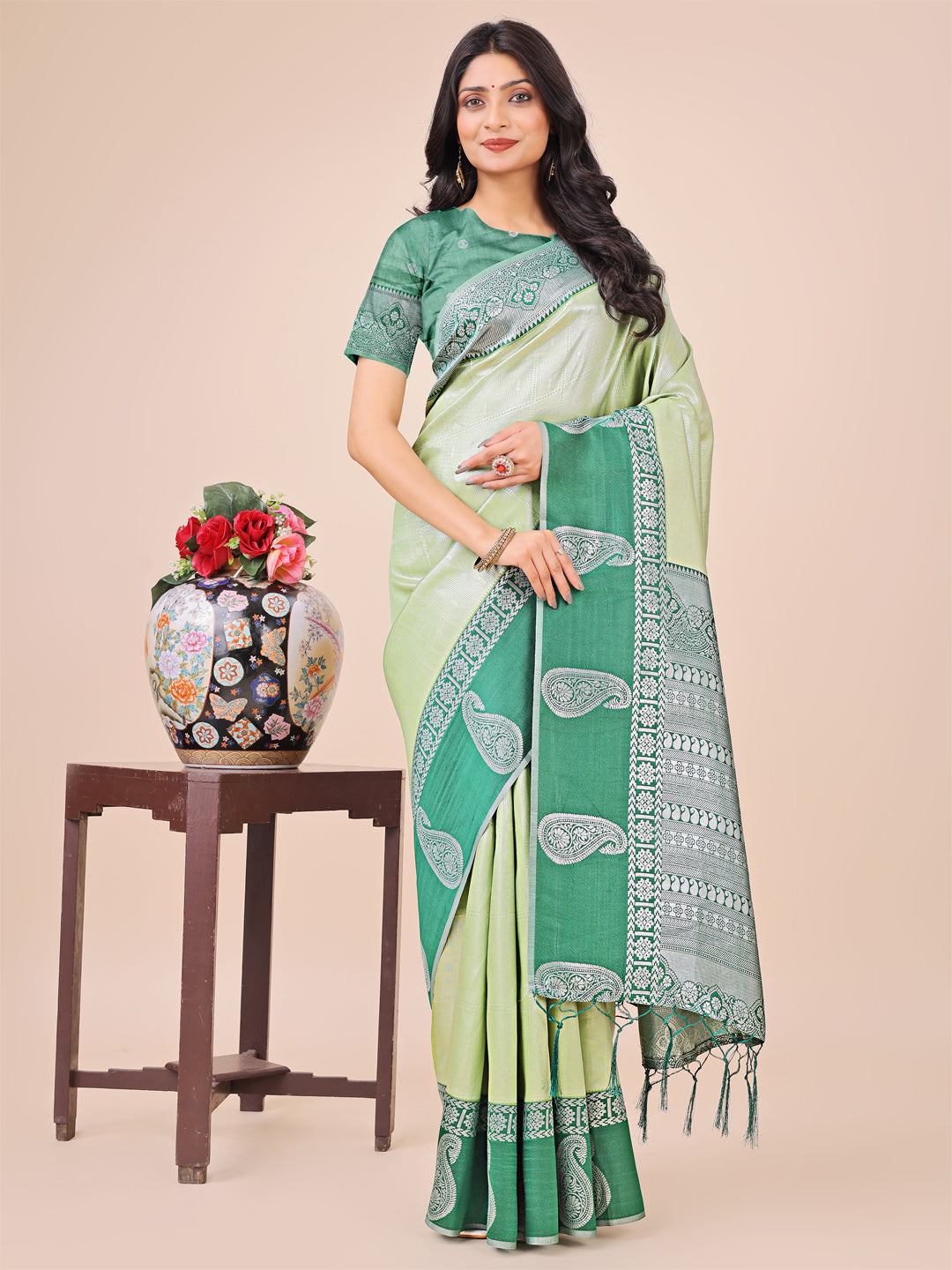 Pista Lichi Silk Woven Designer Festive Graceful Saree