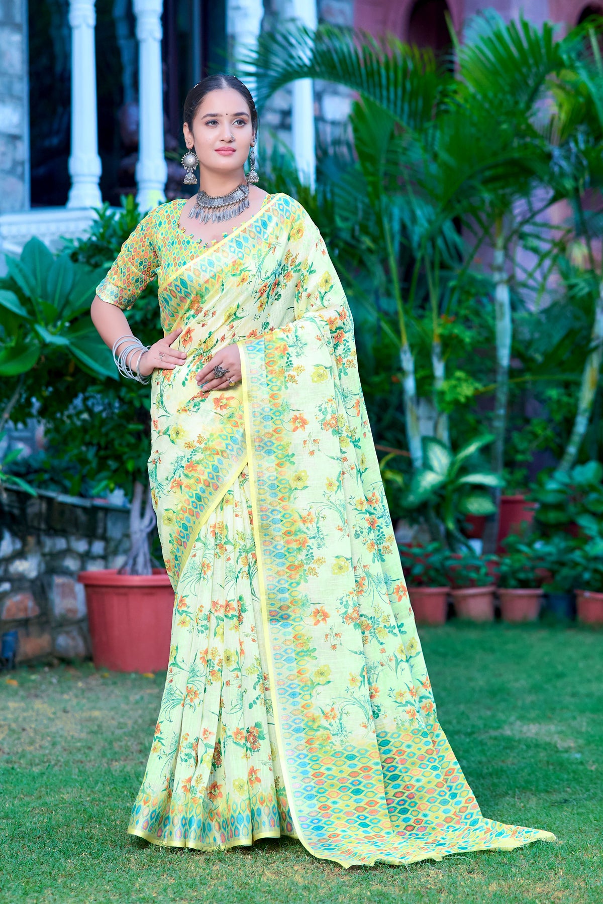 Pista Linen Cotton Designer Printed Ethnic Festive Saree
