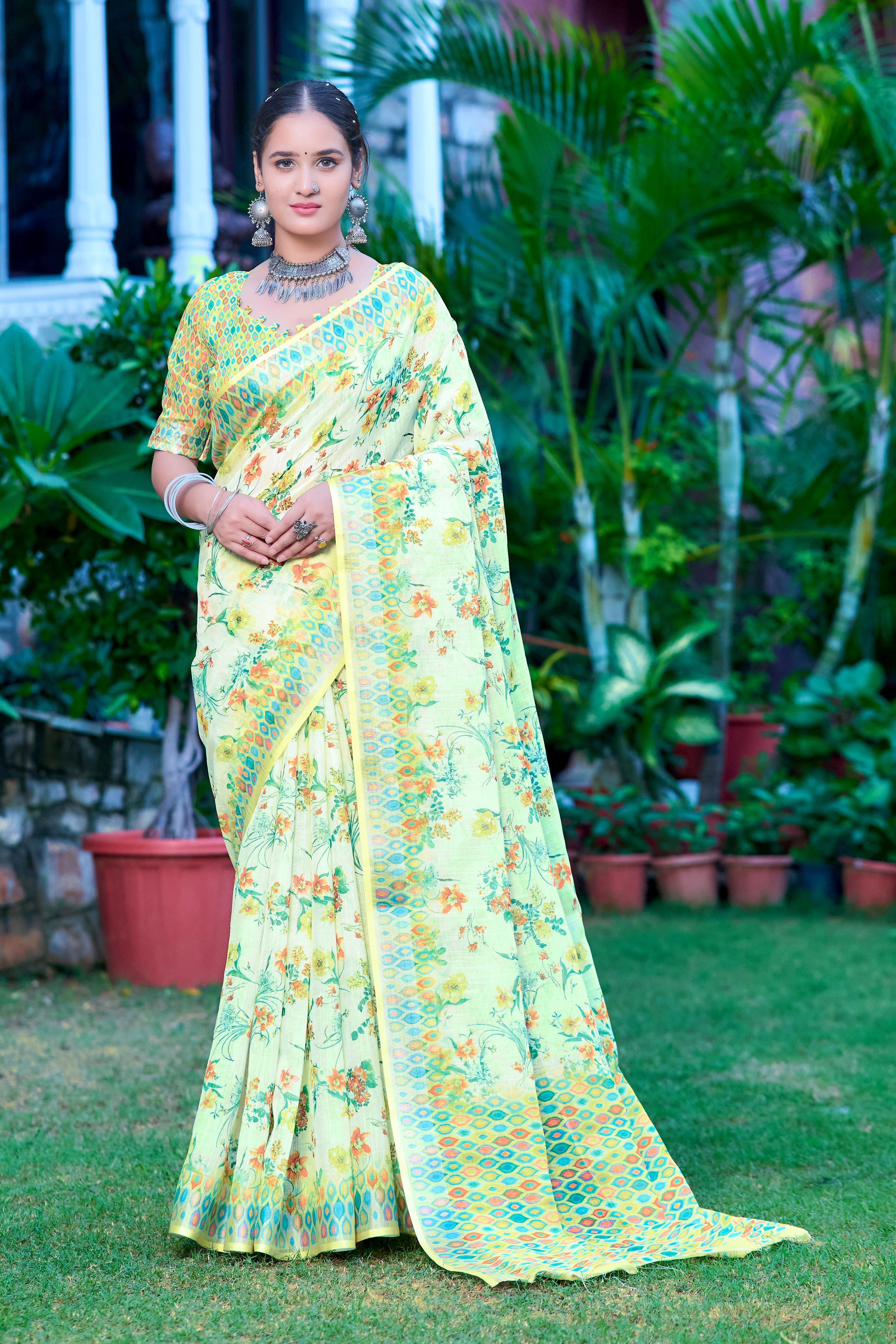 Pista Linen Cotton Designer Printed Ethnic Festive Saree
