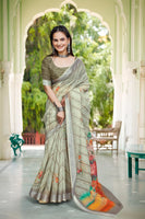 Pista Linen Cotton Woven Border Designer Printed Saree