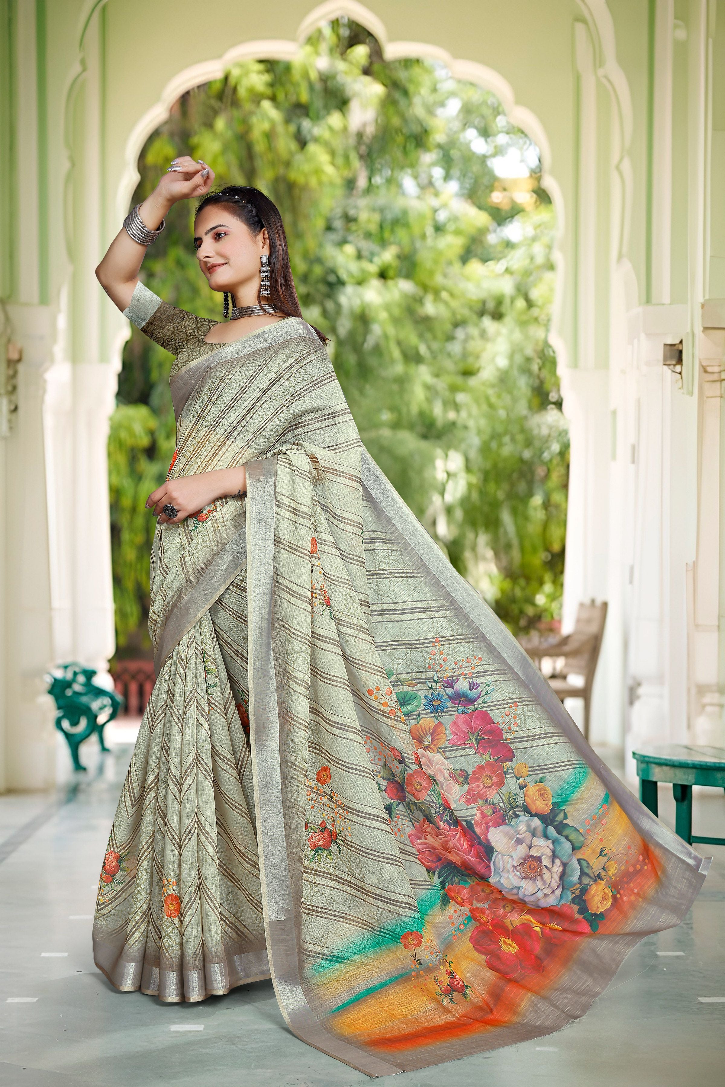 Pista Linen Cotton Woven Border Designer Printed Saree