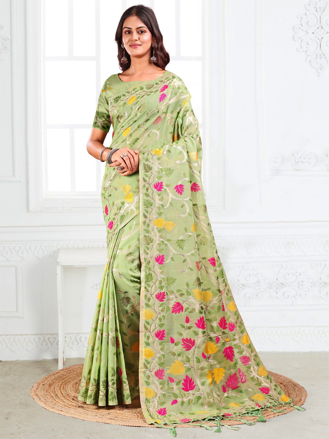 Pista Linen Cotton Woven Jacquard Designer Fancy Saree