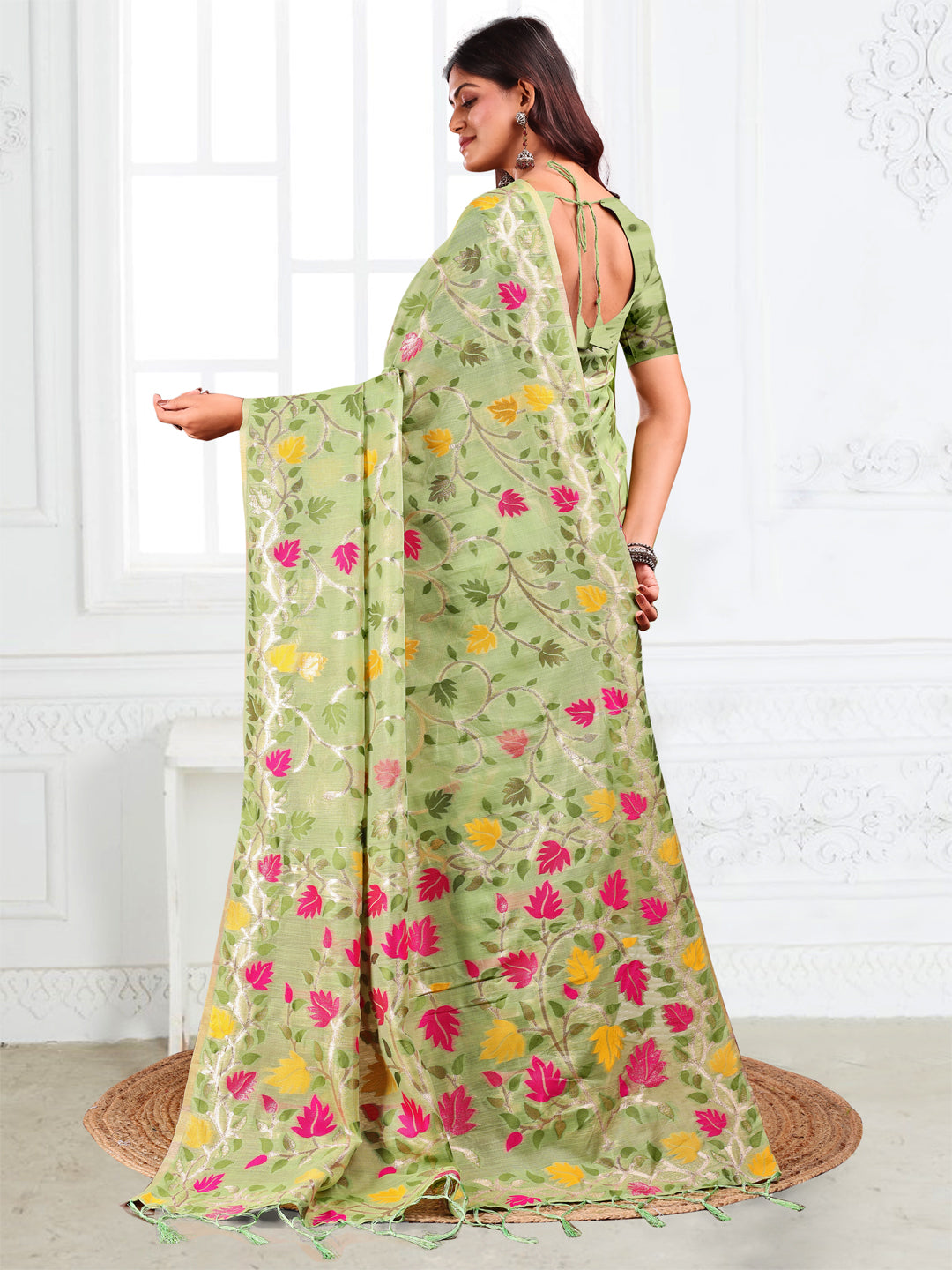 Pista Linen Cotton Woven Jacquard Designer Fancy Saree