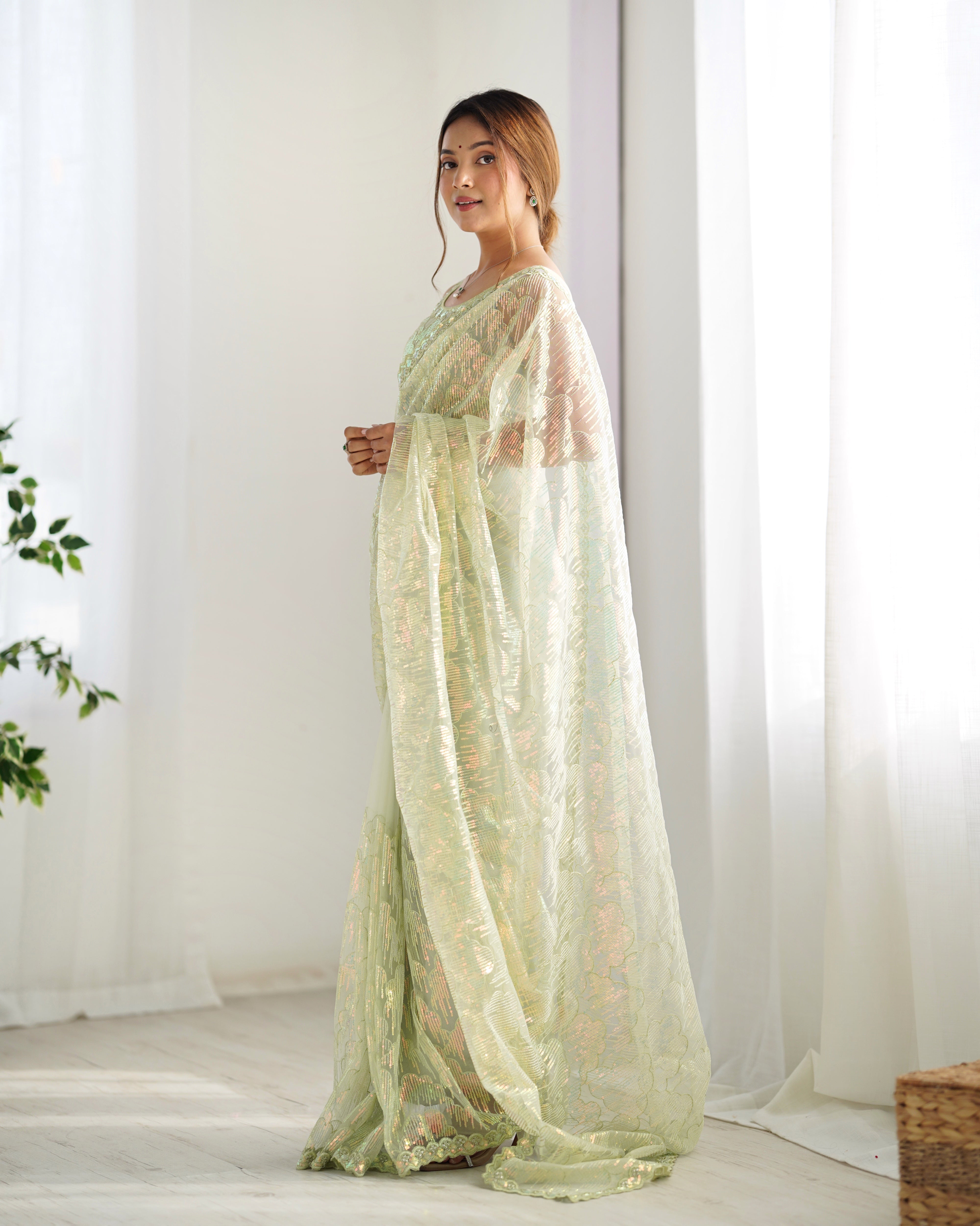 Pista Mono Net Beautiful Bollywood Saree With Designer Sequins Work