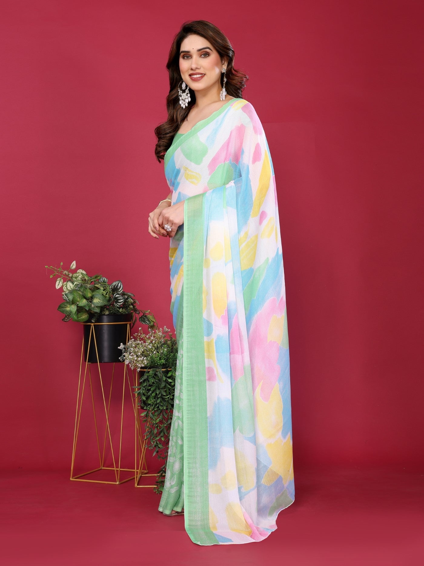 Pista Moss Chiffon Saree With Elegant Printed Design