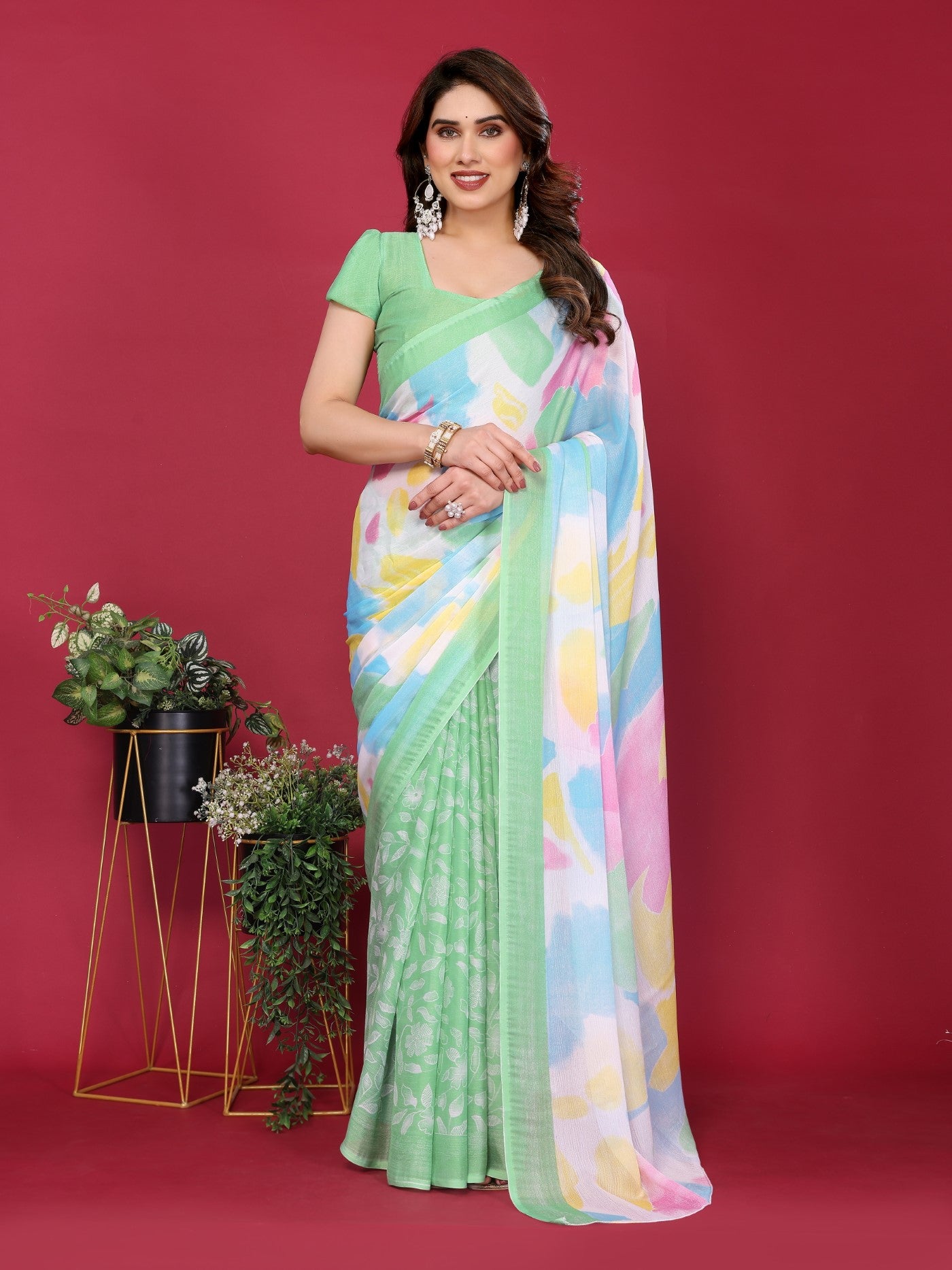 Pista Moss Chiffon Saree With Elegant Printed Design