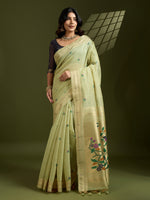 Pista Muga Cotton Saree with Flower Butti and Paithani Pallu