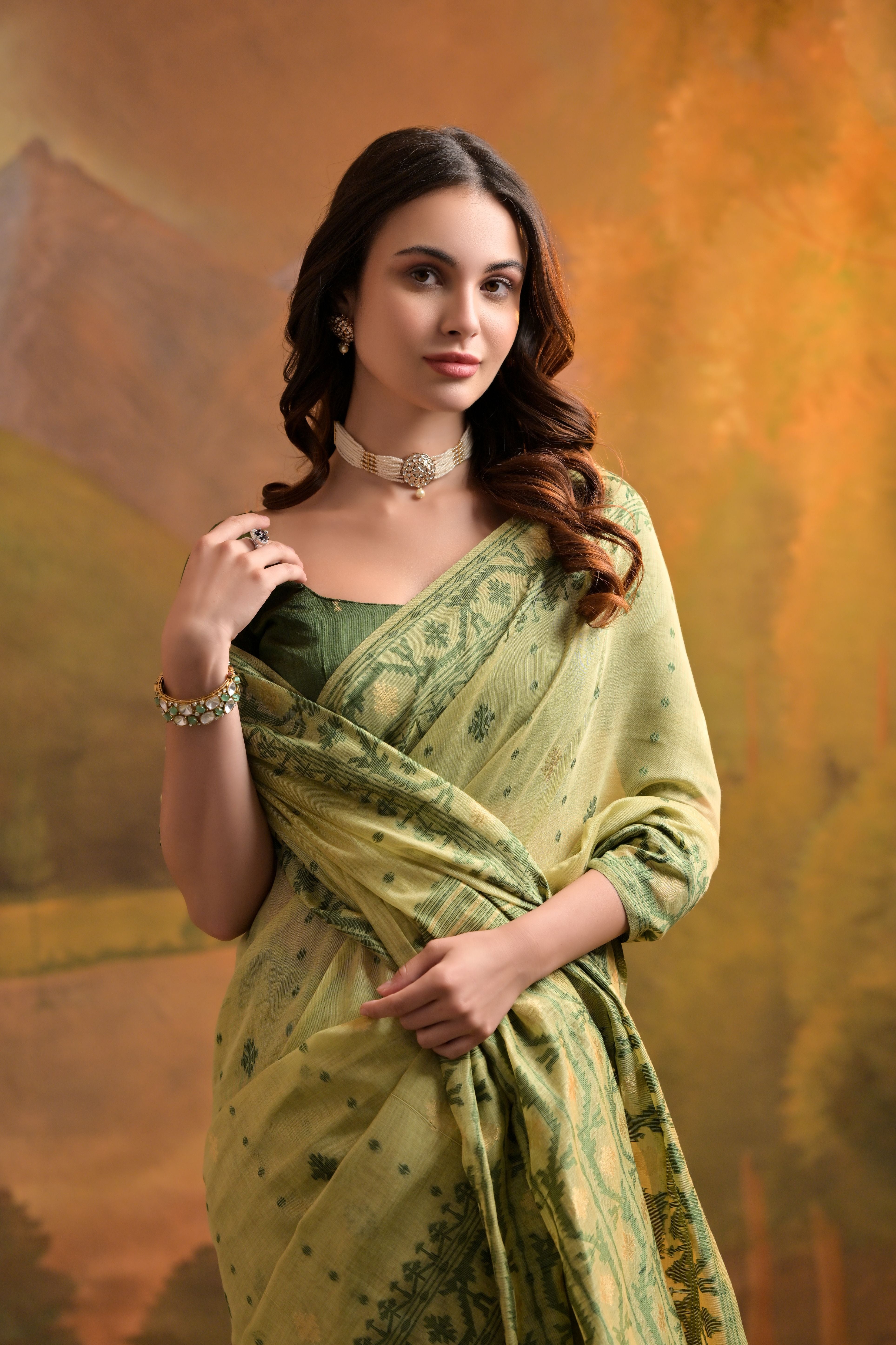 Pista Muga Cotton Saree with Thread Butti Weaves