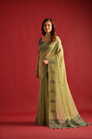 Pista Mul Cotton Saree with Keri Pallu and Butti Weaves