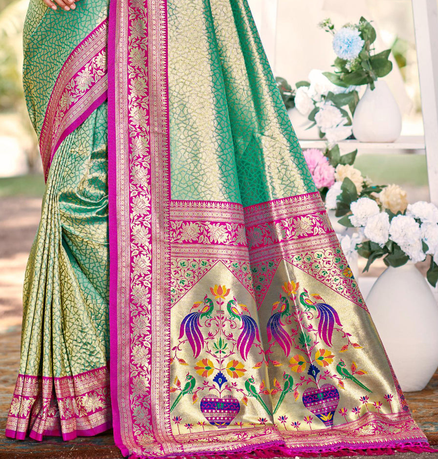 Pista Multi Color Kanjivaram Silk Saree With Effortless Style and Everyday Grace